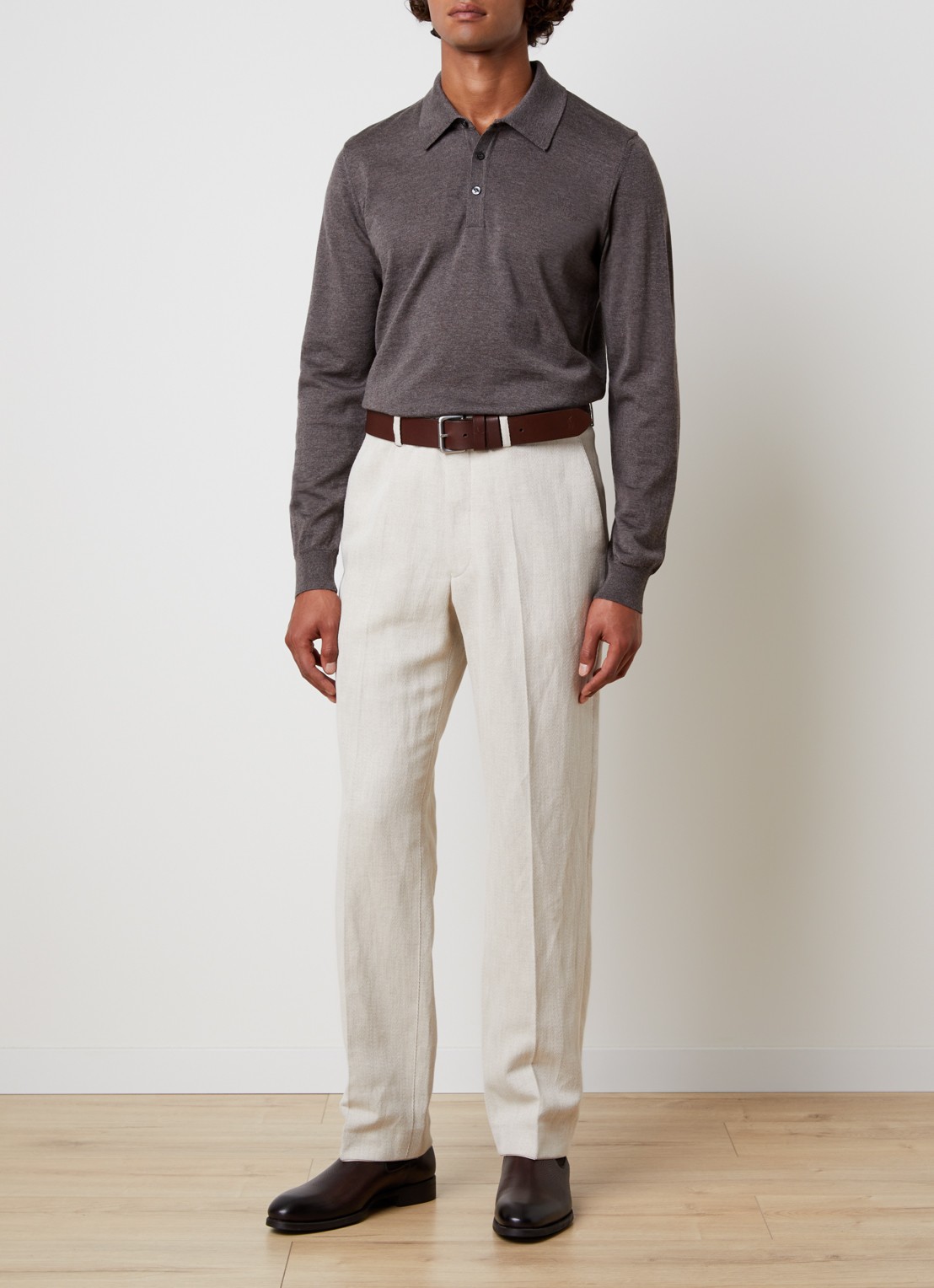 Oscar Jacobson Melvin fijngebreide regular fit polo van scheerwol - voorkant 4 taupe