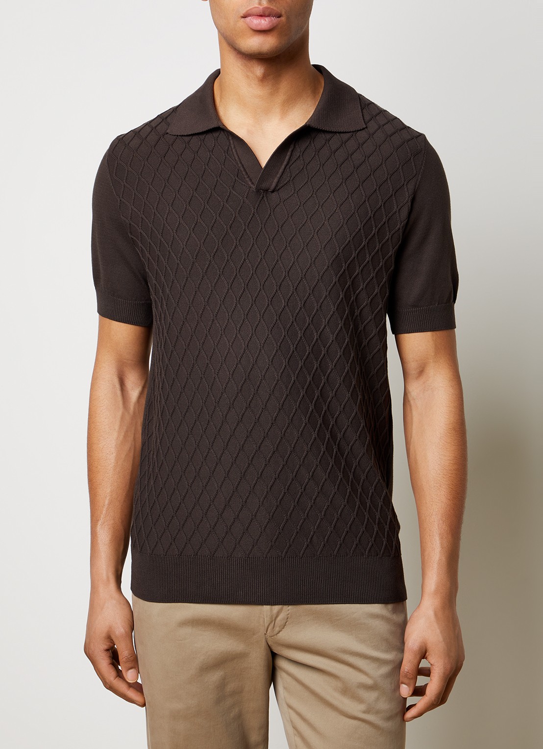 Oscar Jacobson Mirza fijngebreide regular fit polo met structuur - detail 2 bruin