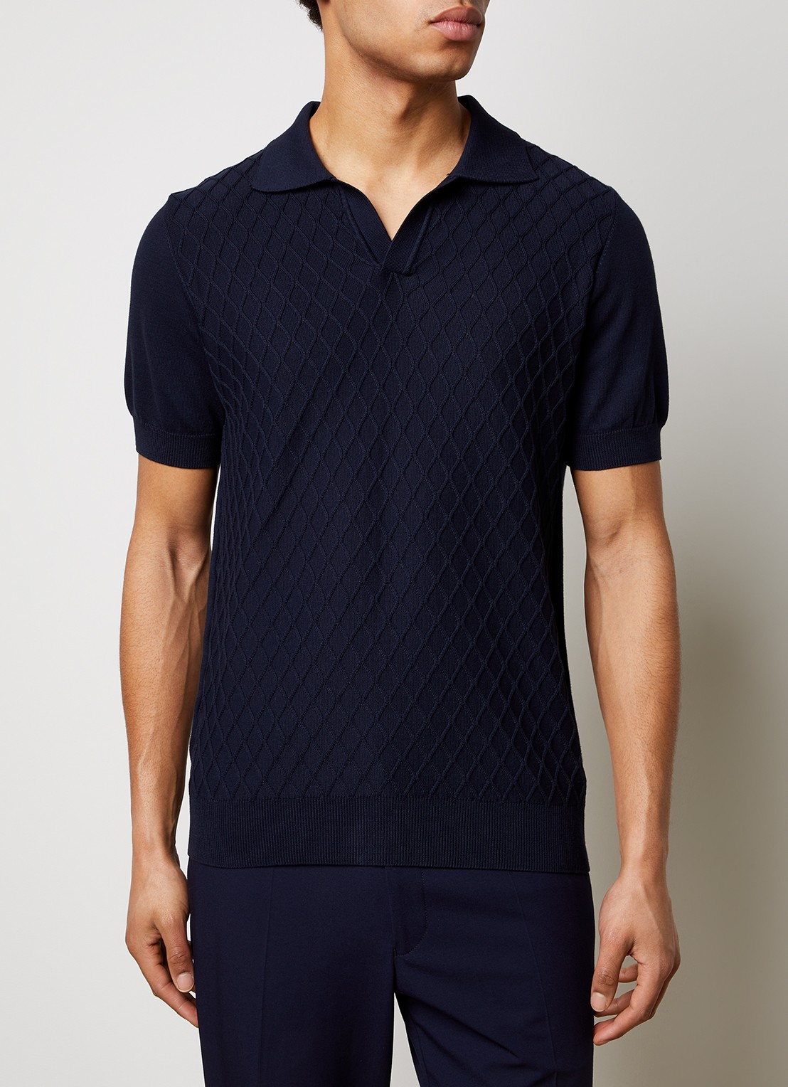 Oscar Jacobson Mirza fijngebreide regular fit polo met structuur - detail 3 blauw