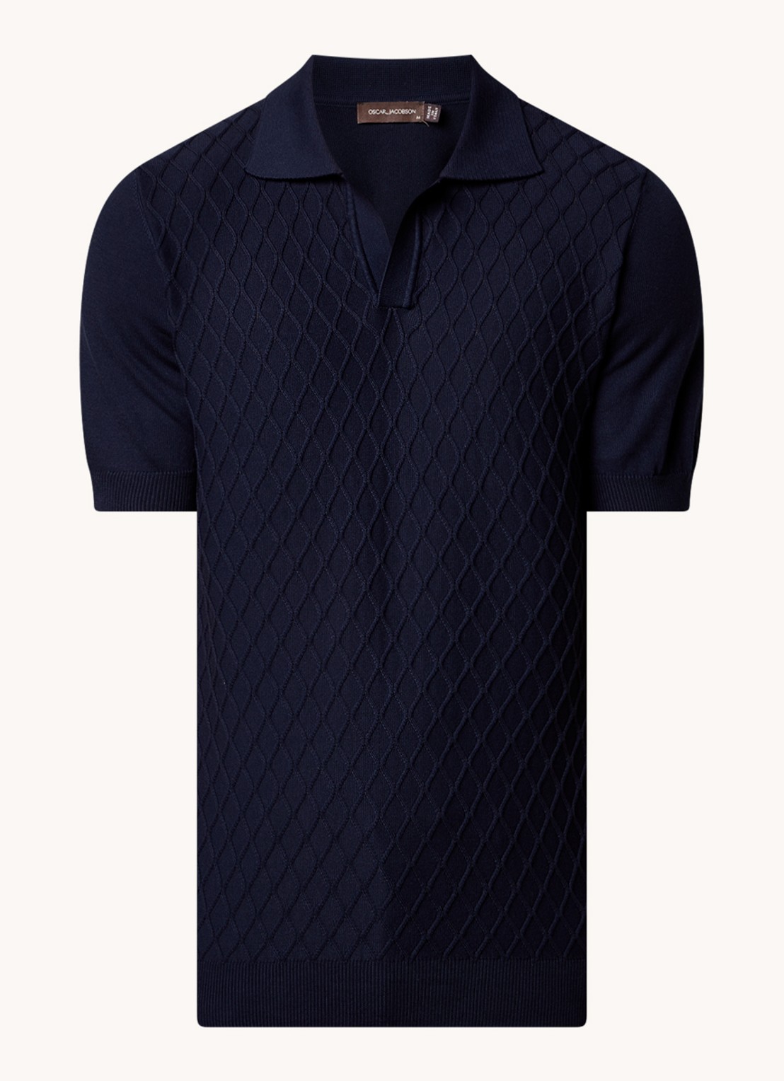 Oscar Jacobson Mirza fijngebreide regular fit polo met structuur - voorkant blauw