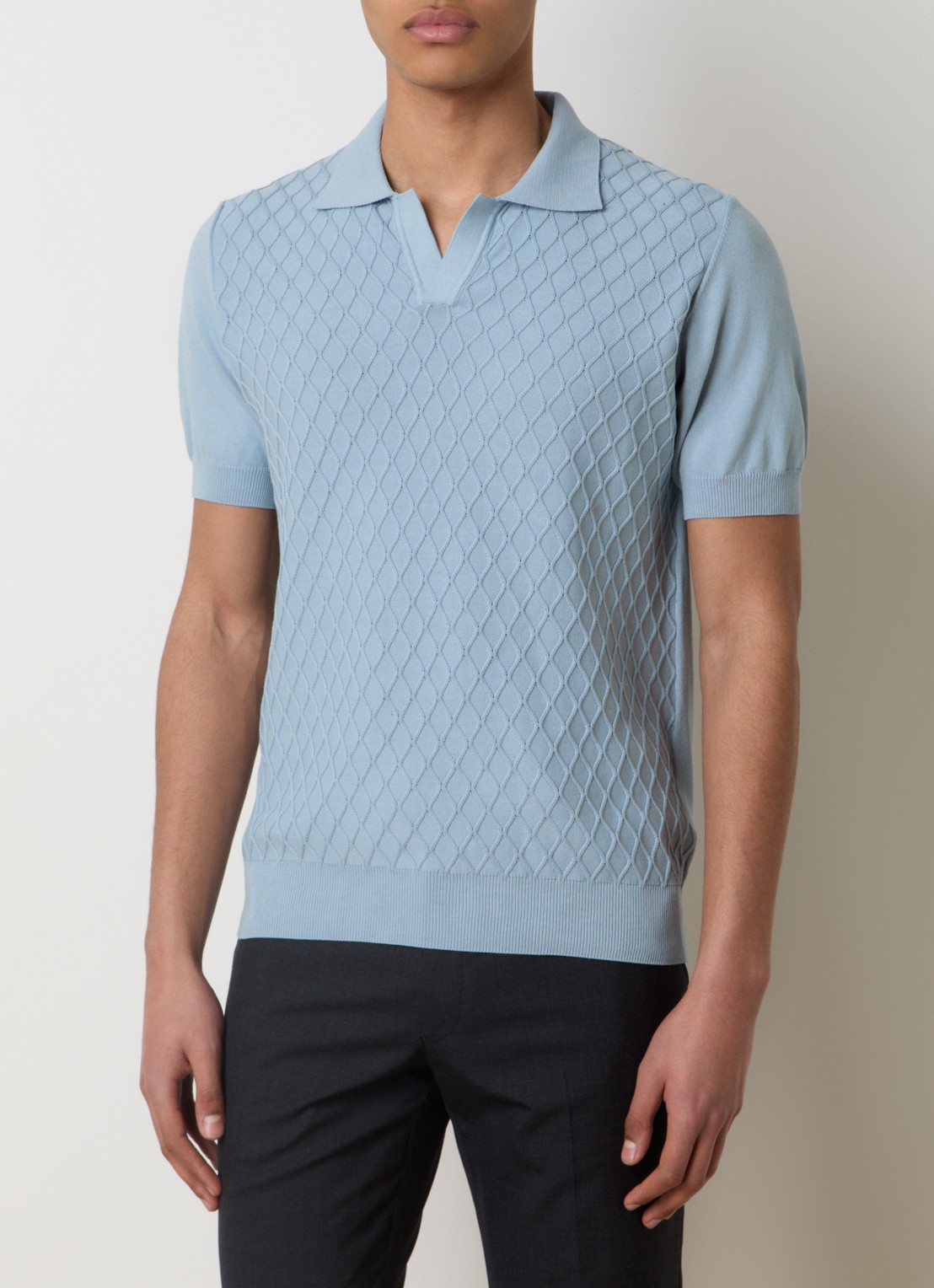Oscar Jacobson Mirza fijngebreide regular fit polo met structuur - detail 3 lichtblauw