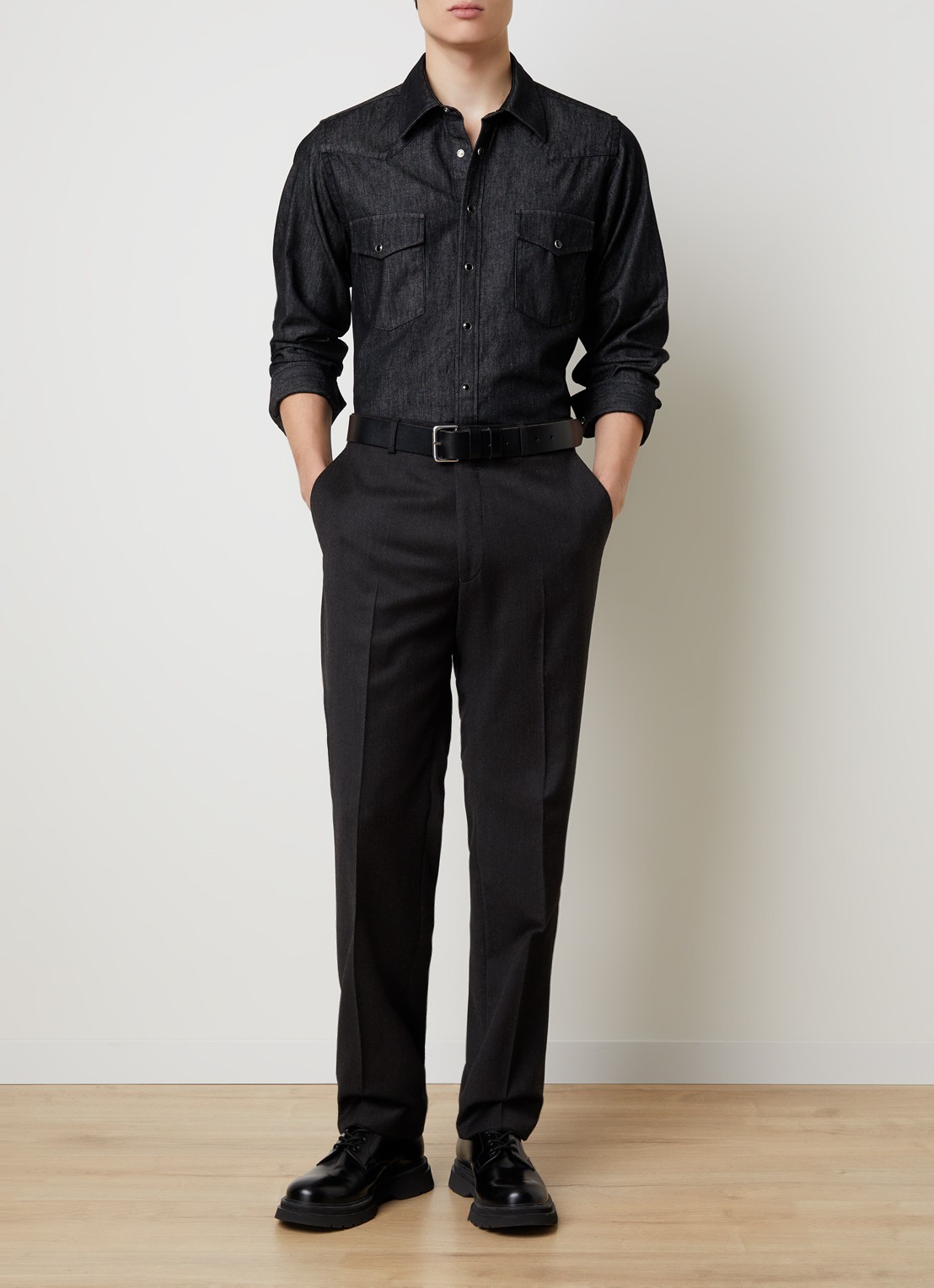 Oscar Jacobson Regular fit overhemd van denim met borstzakken - voorkant 4 grijs