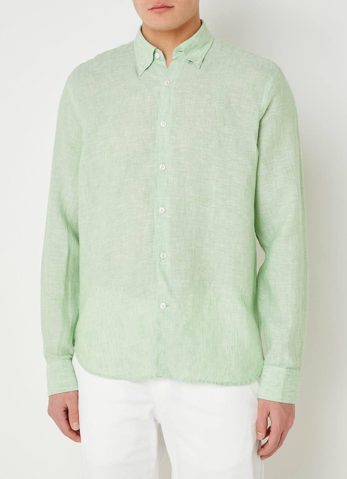 Oscar Jacobson Regular fit overhemd van linnen met button down-kraag - detail 2 lichtgroen