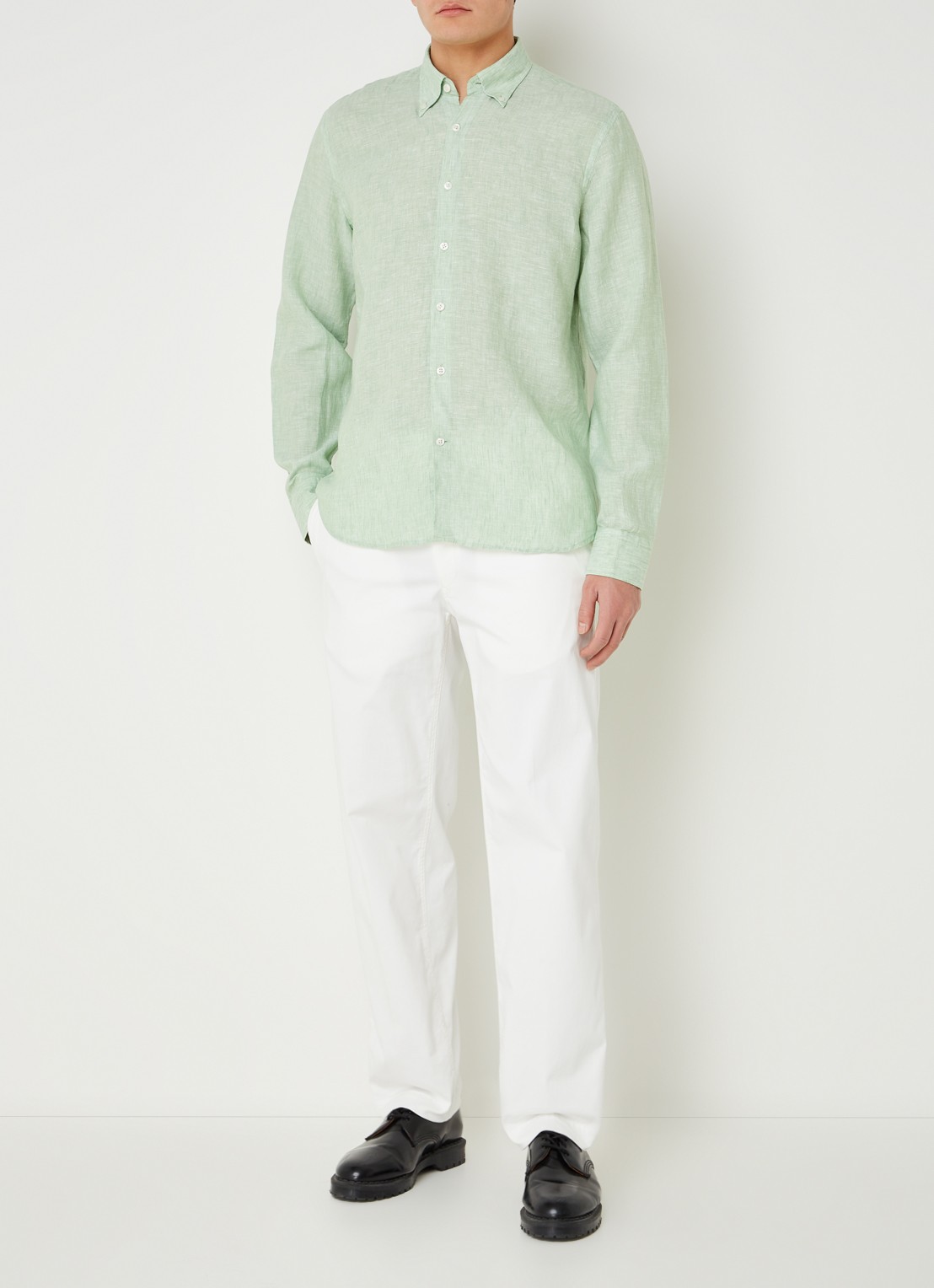 Oscar Jacobson Regular fit overhemd van linnen met button down-kraag - voorkant 5 lichtgroen