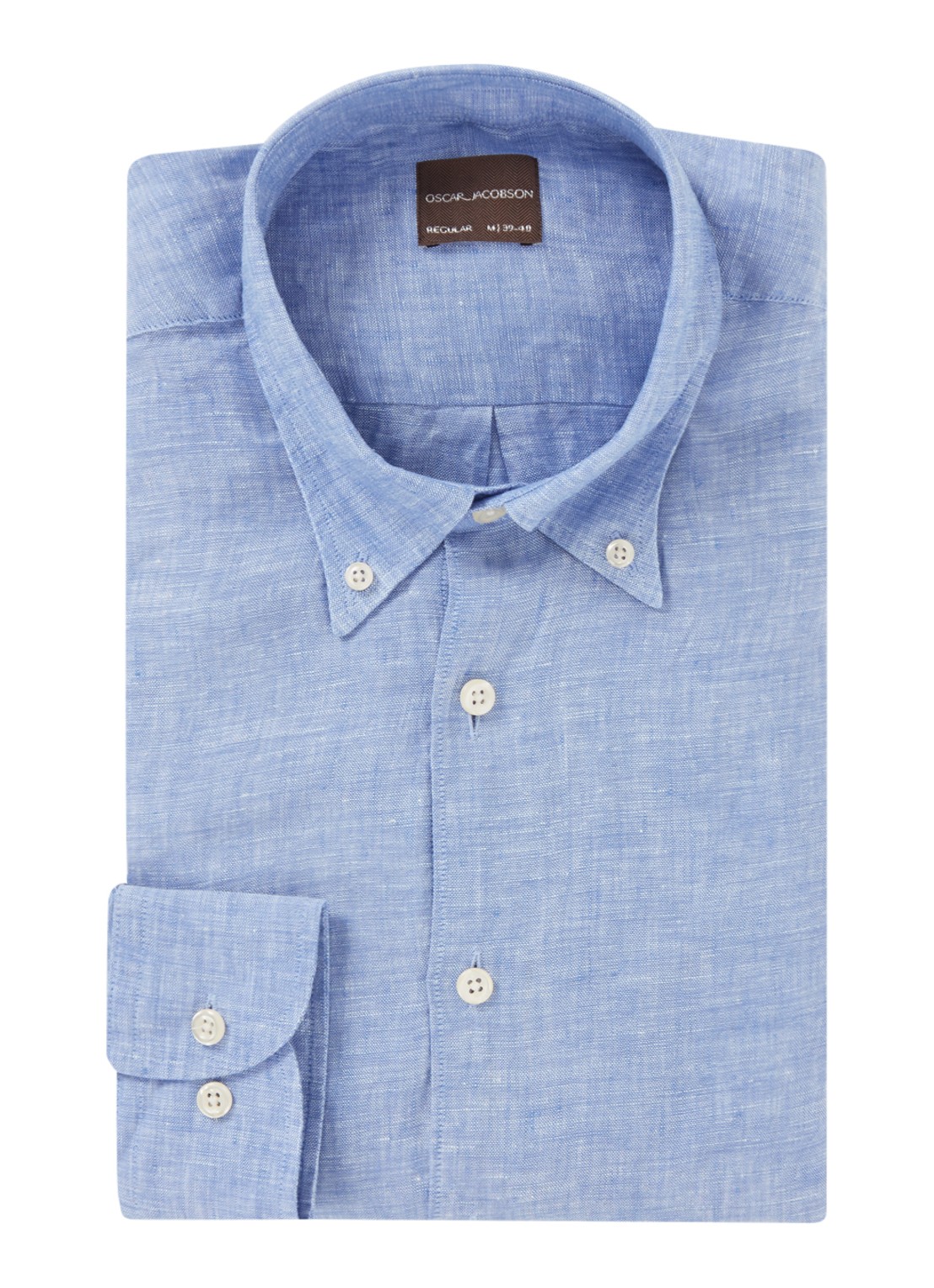 Oscar Jacobson Regular fit overhemd van linnen met button down-kraag - voorkant 4 blauw