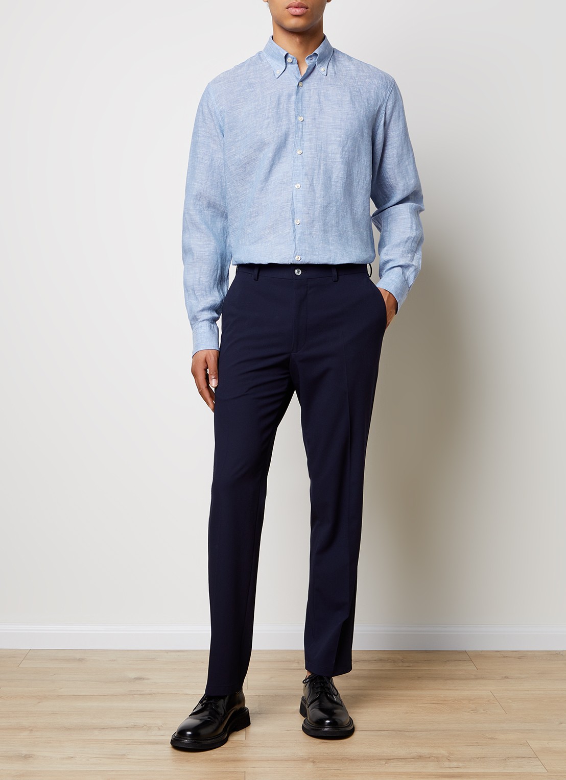 Oscar Jacobson Regular fit overhemd van linnen met button down-kraag - voorkant 5 blauw
