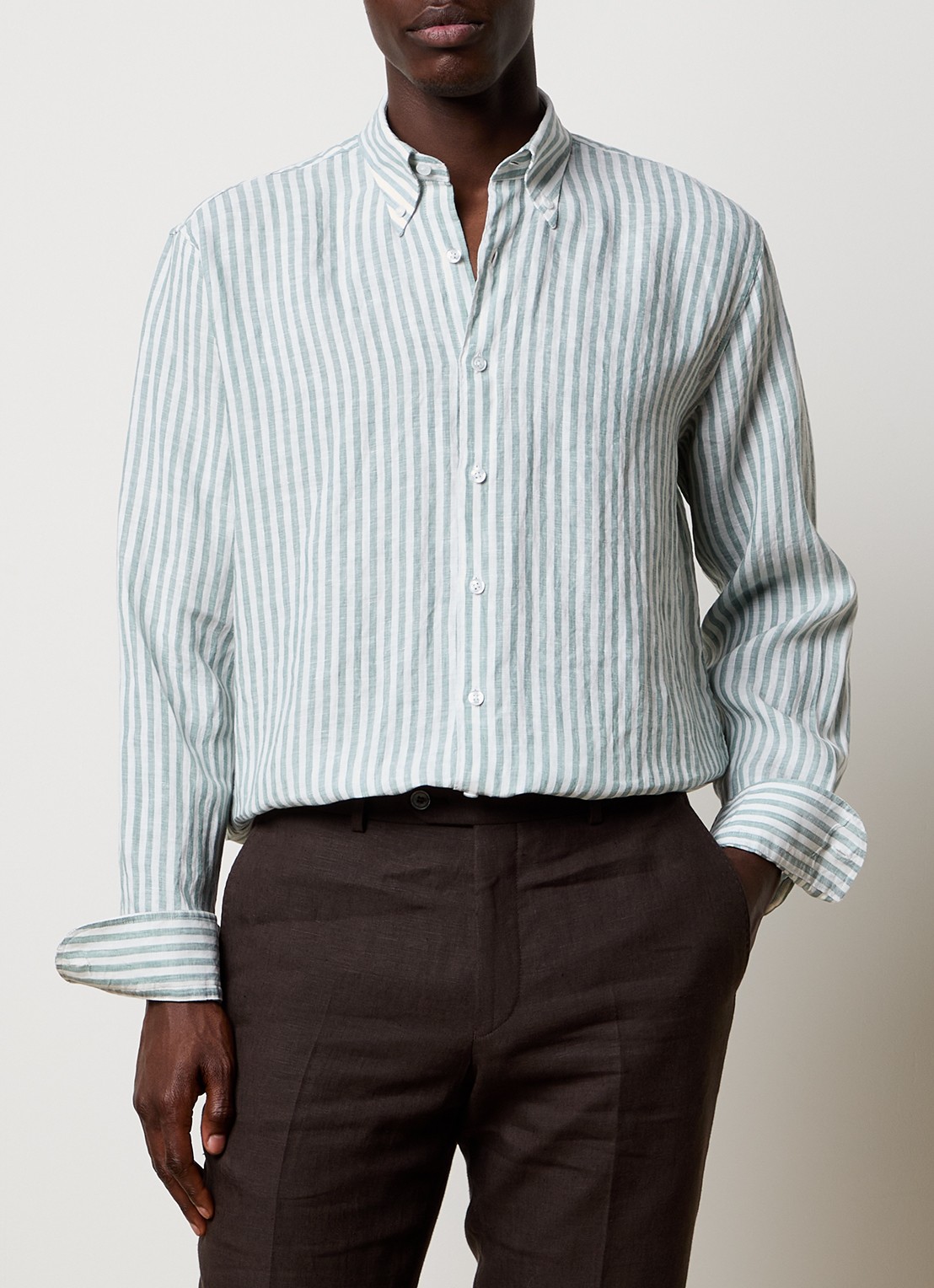 Oscar Jacobson Regular fit overhemd van linnen met streepprint - detail lindegroen