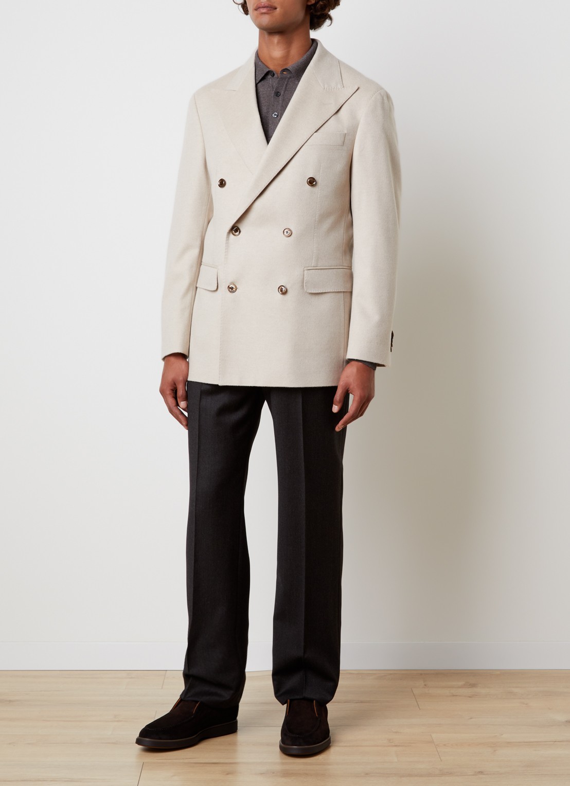 Oscar Jacobson Richard double-breasted regular fit colbert in kasjmier wolblend - voorkant 5 ivoor