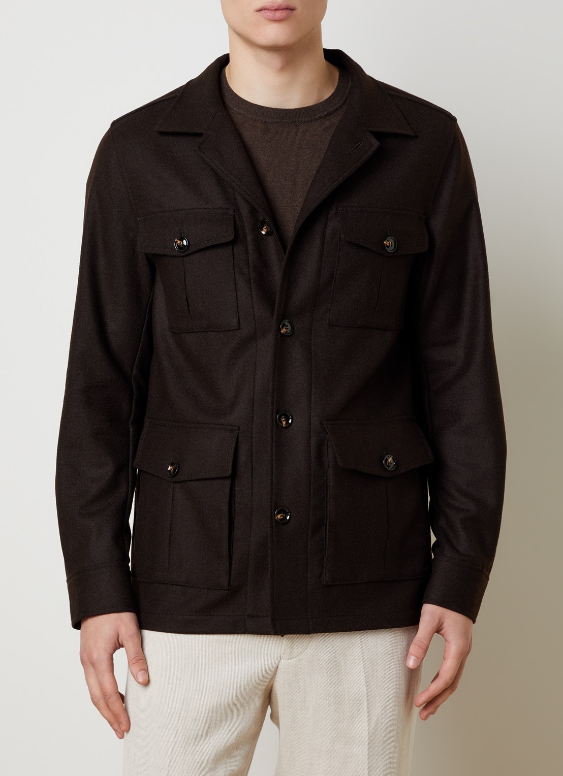 Oscar Jacobson Safari regular fit overshirt in wolblend met klepzakken - detail bruin