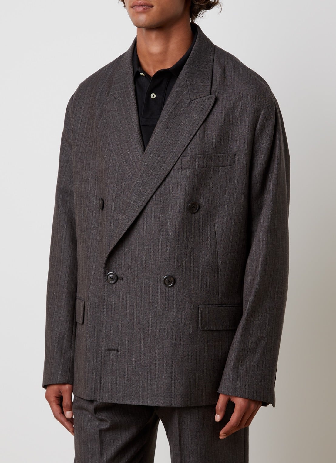 Our Legacy Halt double-breasted regular fit colbert in scheerwolblend met streepprint - detail 4 grijs
