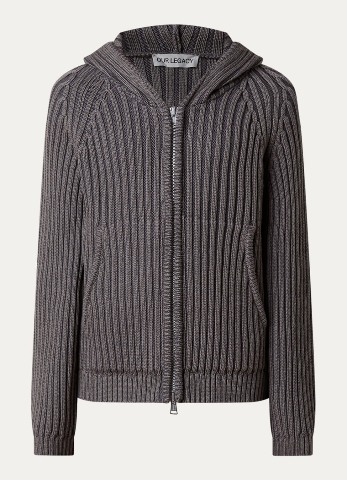 Our Legacy Level Hood ribgebreid vest van merino wol met capuchon - voorkant donkerkhaki