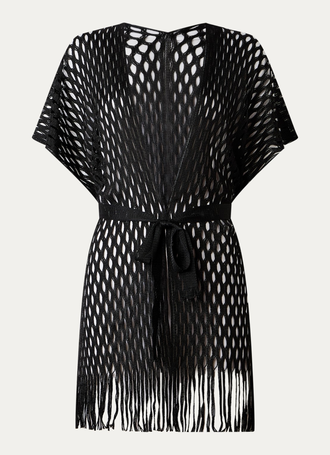 Pain de Sucre Venise kaftan met opengewerkt dessin en franjes - voorkant zwart