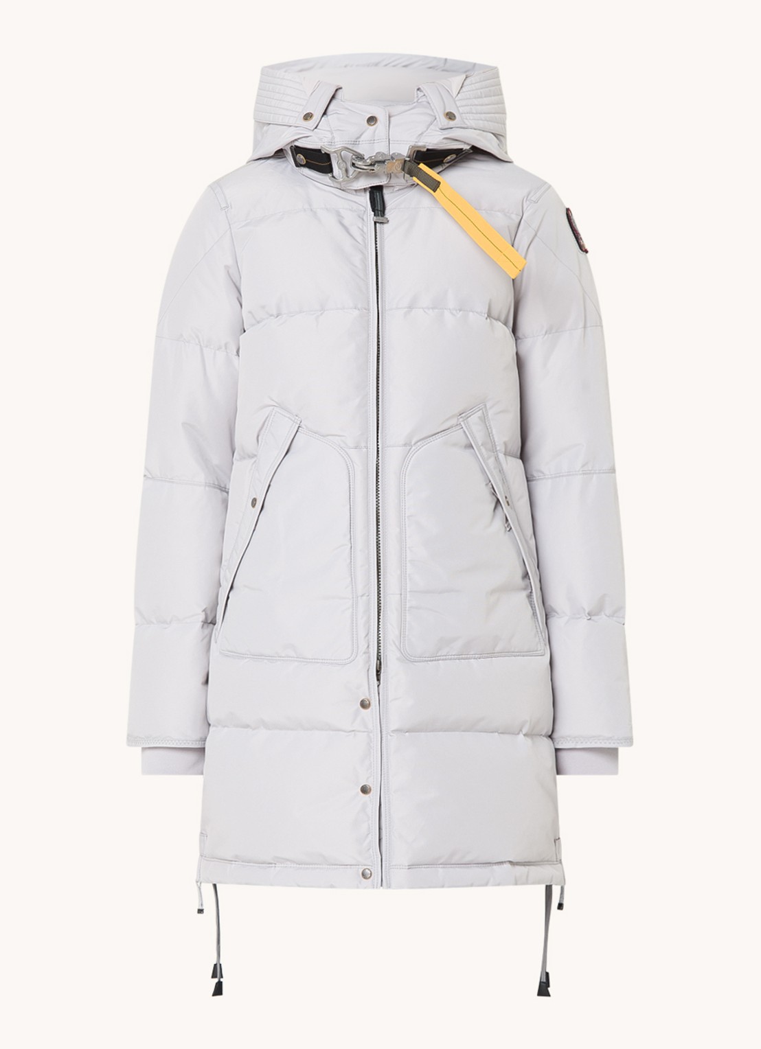 Parajumpers Long Bear gewatteerde jas met donsvulling en afneembare capuchon - voorkant 2 lichtgrijs