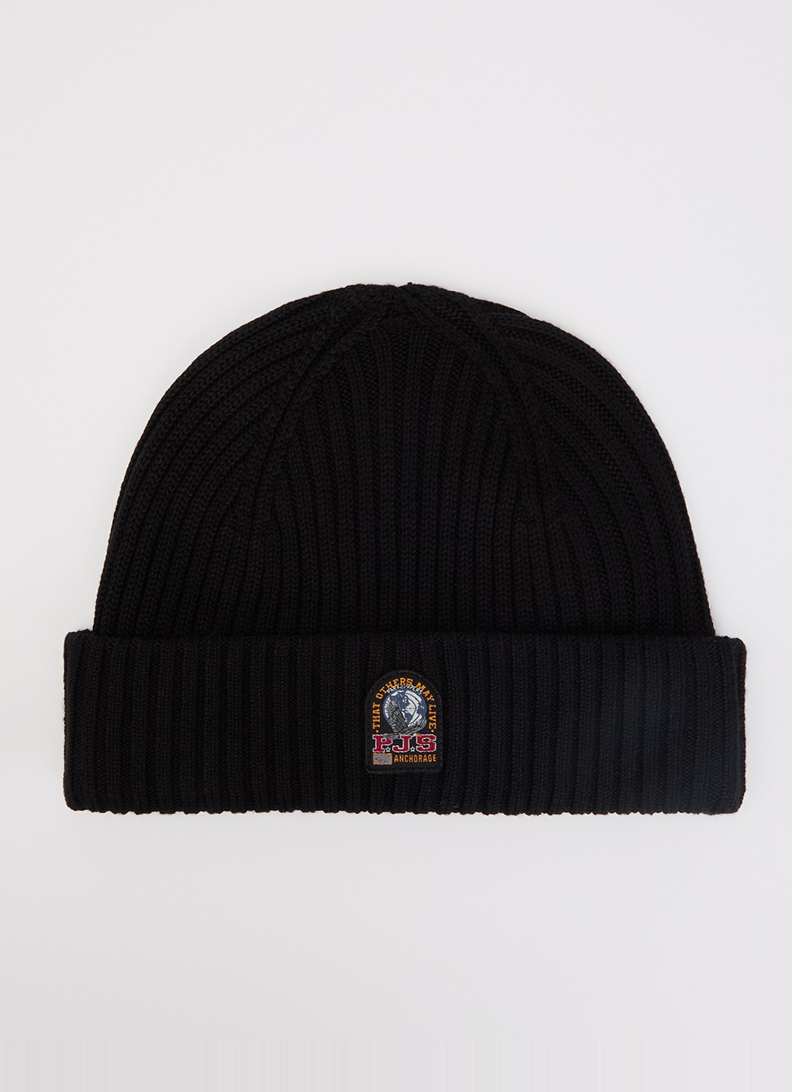 Parajumpers Matio ribgebreide muts in merino wolblend met logo - voorkant zwart