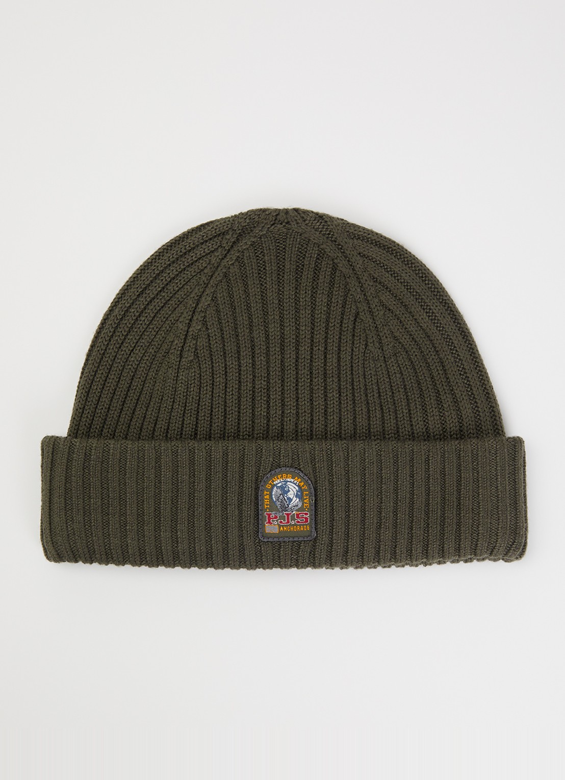Parajumpers Matio ribgebreide muts in merino wolblend met logo - voorkant olijfgroen