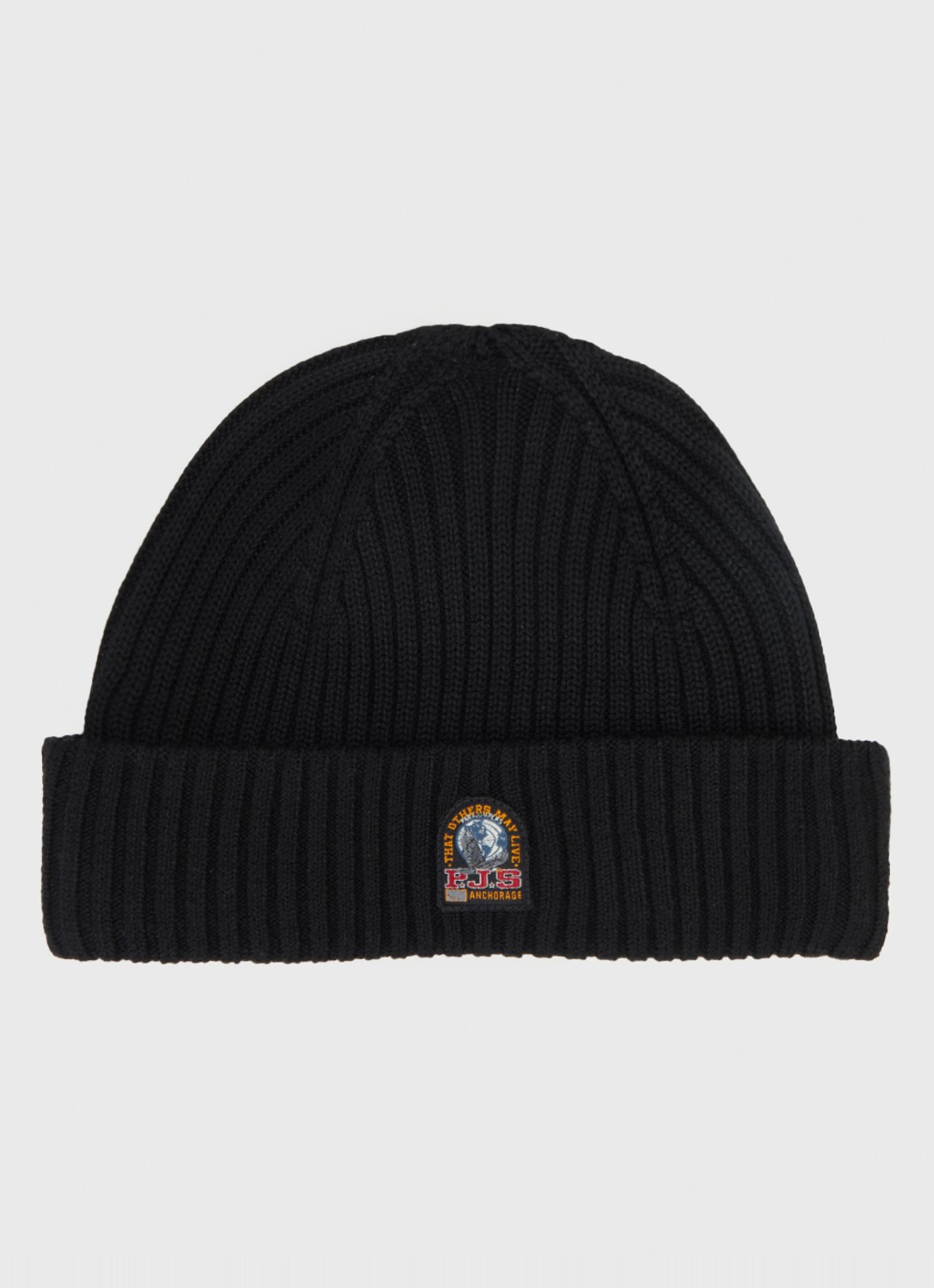Parajumpers Matio ribgebreide muts in merino wolblend met logo - voorkant zwart