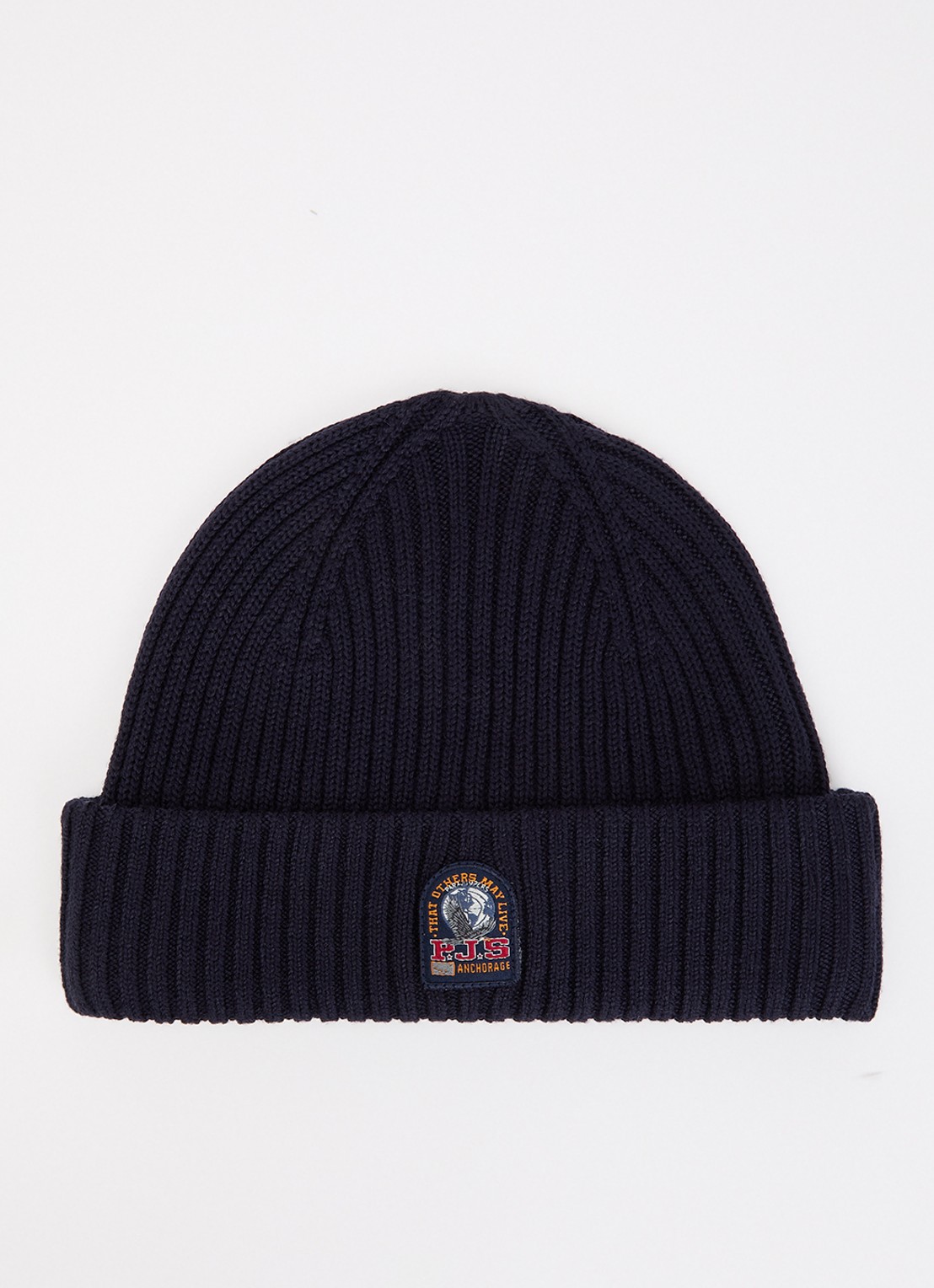 Parajumpers Matio ribgebreide muts in merino wolblend met logo - voorkant donkerblauw