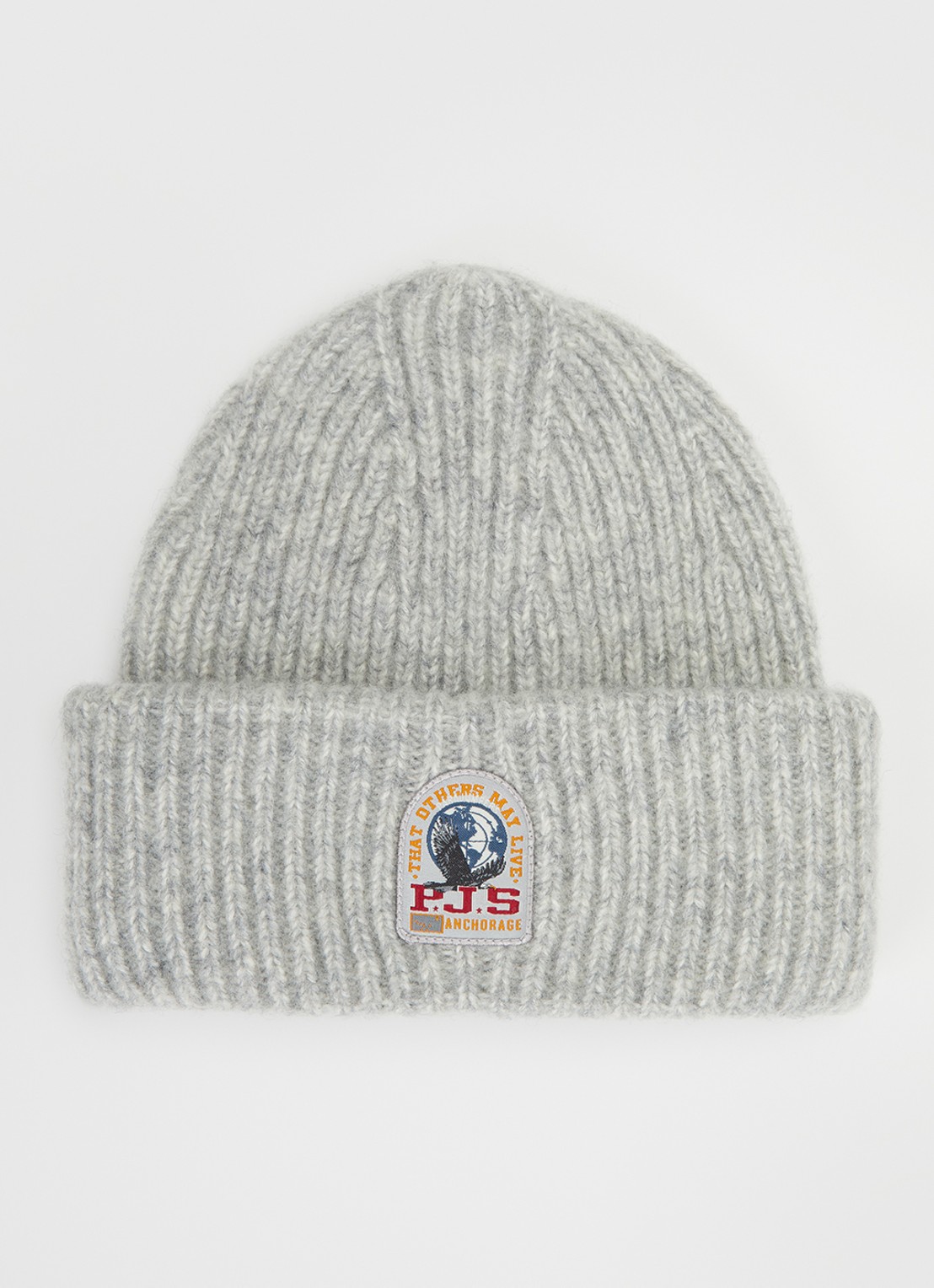 Parajumpers Mooneye ribgebreide muts in wolblend met logo - voorkant grijsmele