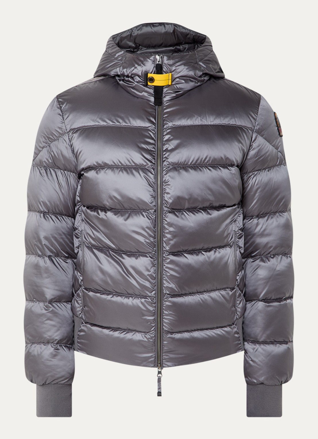 Parajumpers Pharrell puffer jack met capuchon en logo - voorkant donkergrijs
