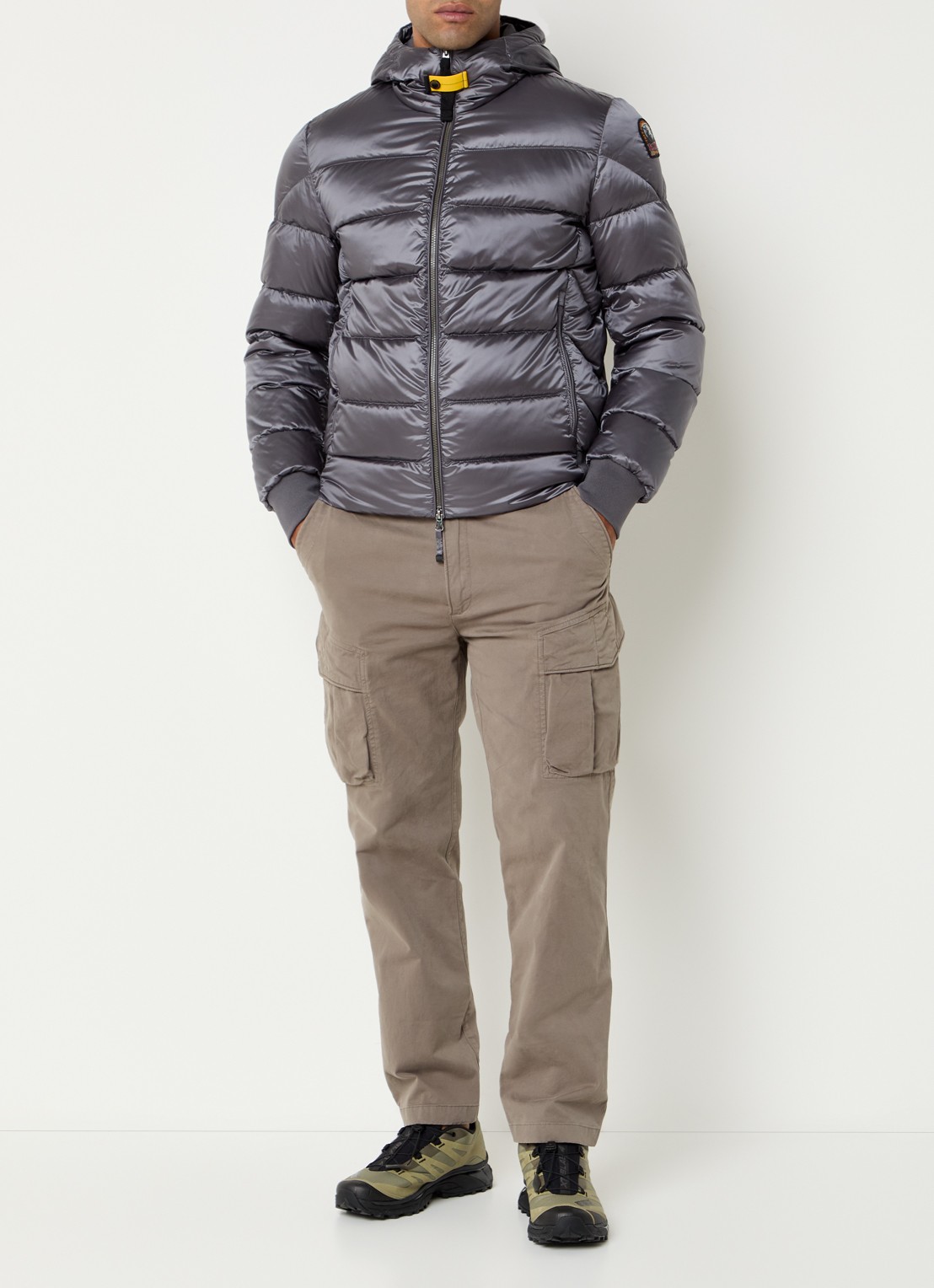 Parajumpers Pharrell puffer jack met capuchon en logo - voorkant 2 donkergrijs