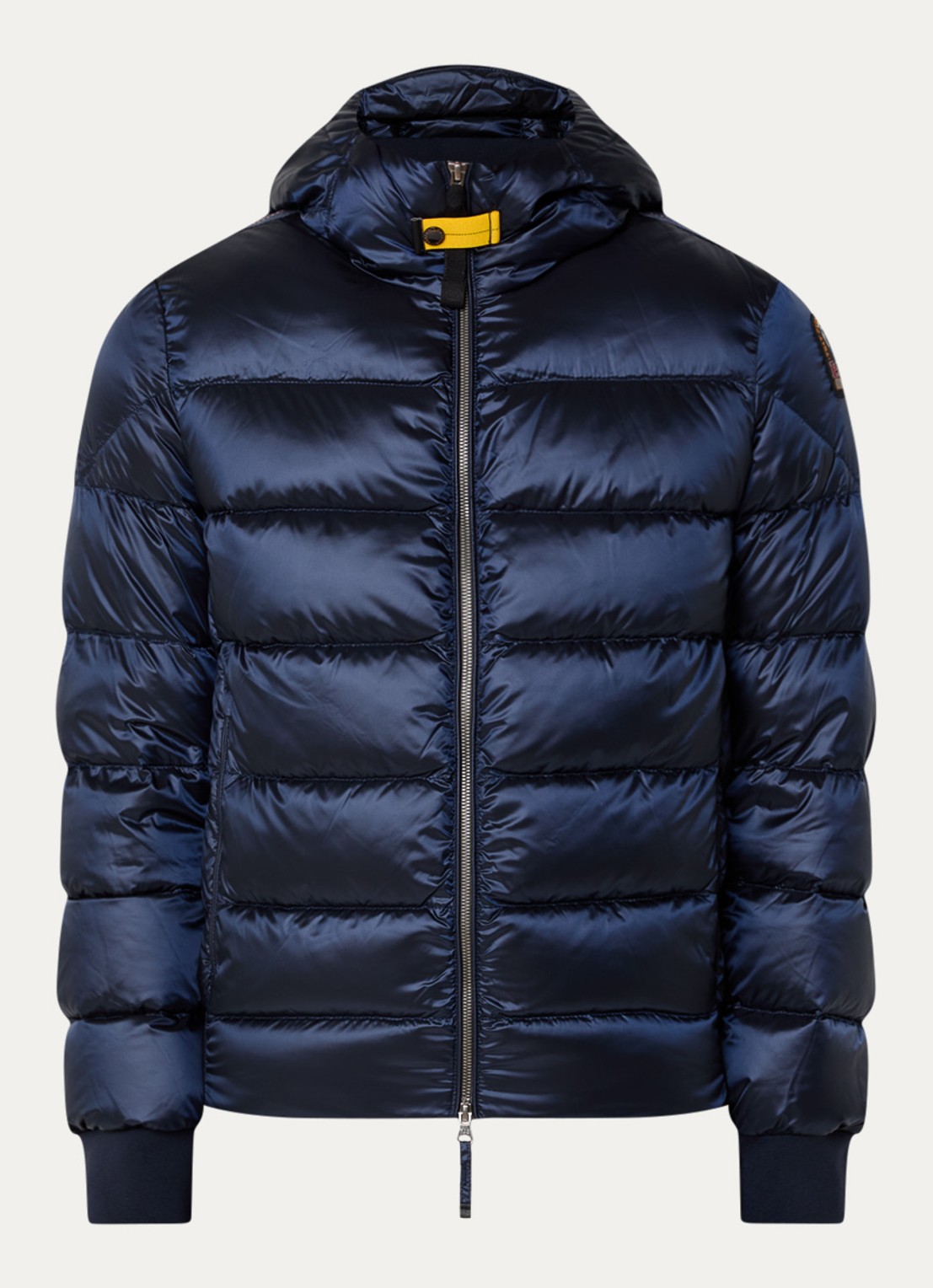 Parajumpers Pharrell puffer jack met capuchon en logo - voorkant 2 donkerblauw