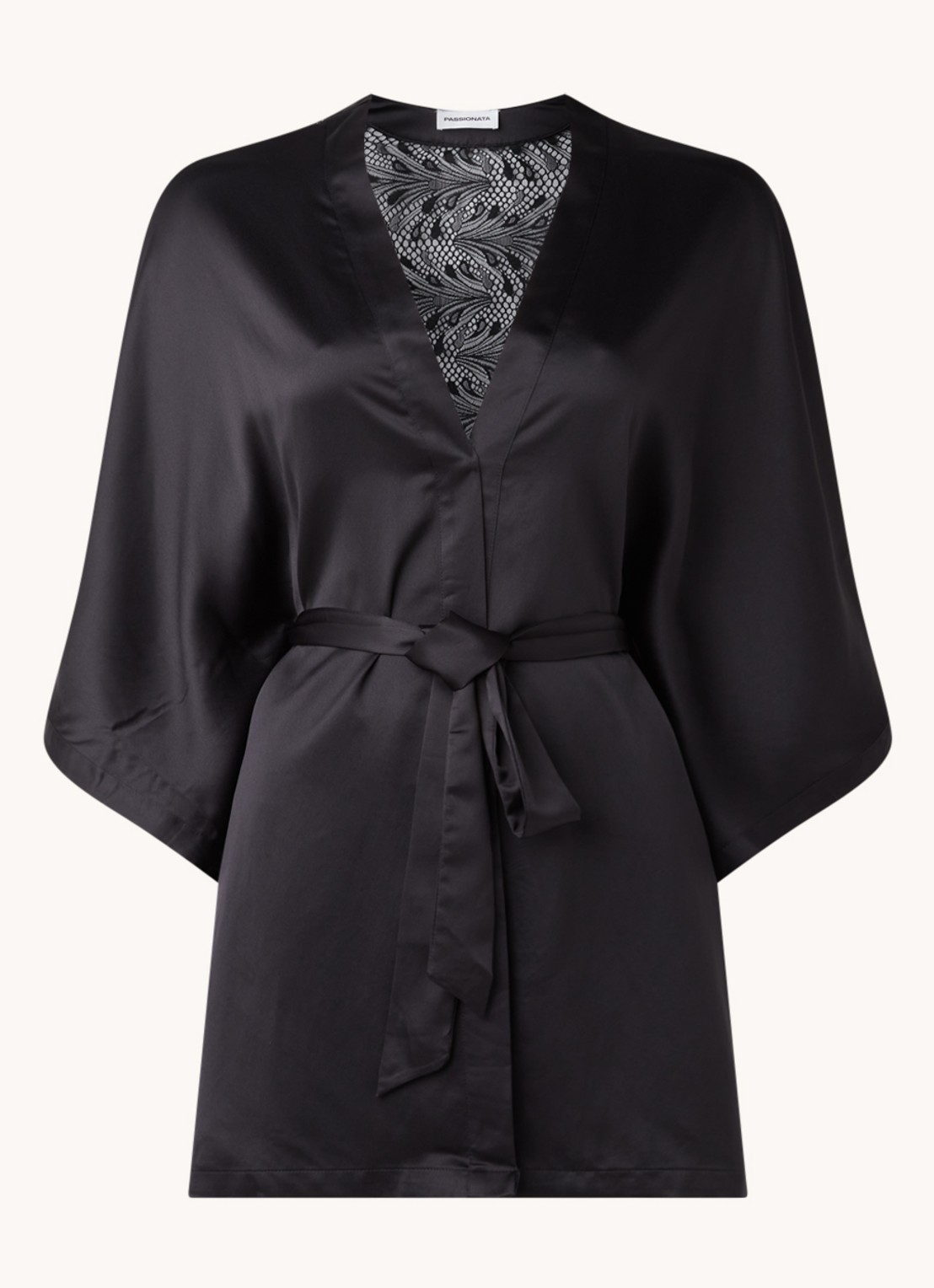 Passionata Thelma kimono van satijn met kant - voorkant 2 zwart