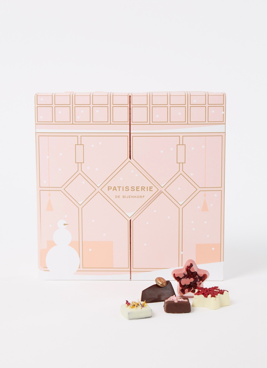 Patisserie de Bijenkorf Adventskalender met chocolade bonbons - 25 dagen - voorkant lichtroze