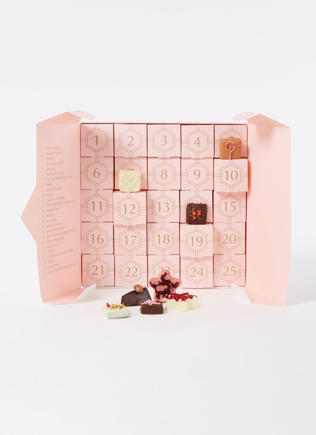 Patisserie de Bijenkorf Adventskalender met chocolade bonbons - 25 dagen - voorkant 2 lichtroze