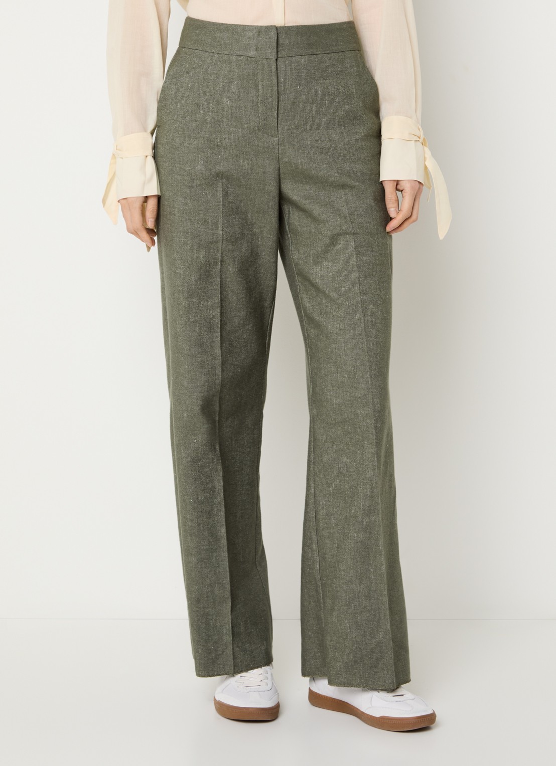 Pennyblack Amaca high waist loose fit broek in linnenblend - detail bronsgroen
