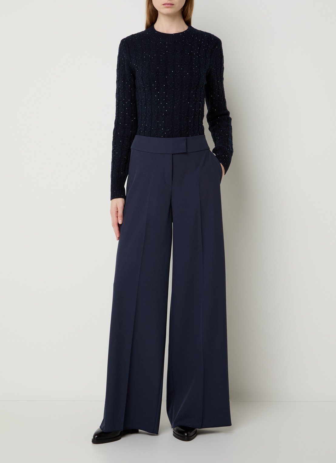Pennyblack Cane mid waist wide fit pantalon met steekzakken - voorkant 2 donkerblauw