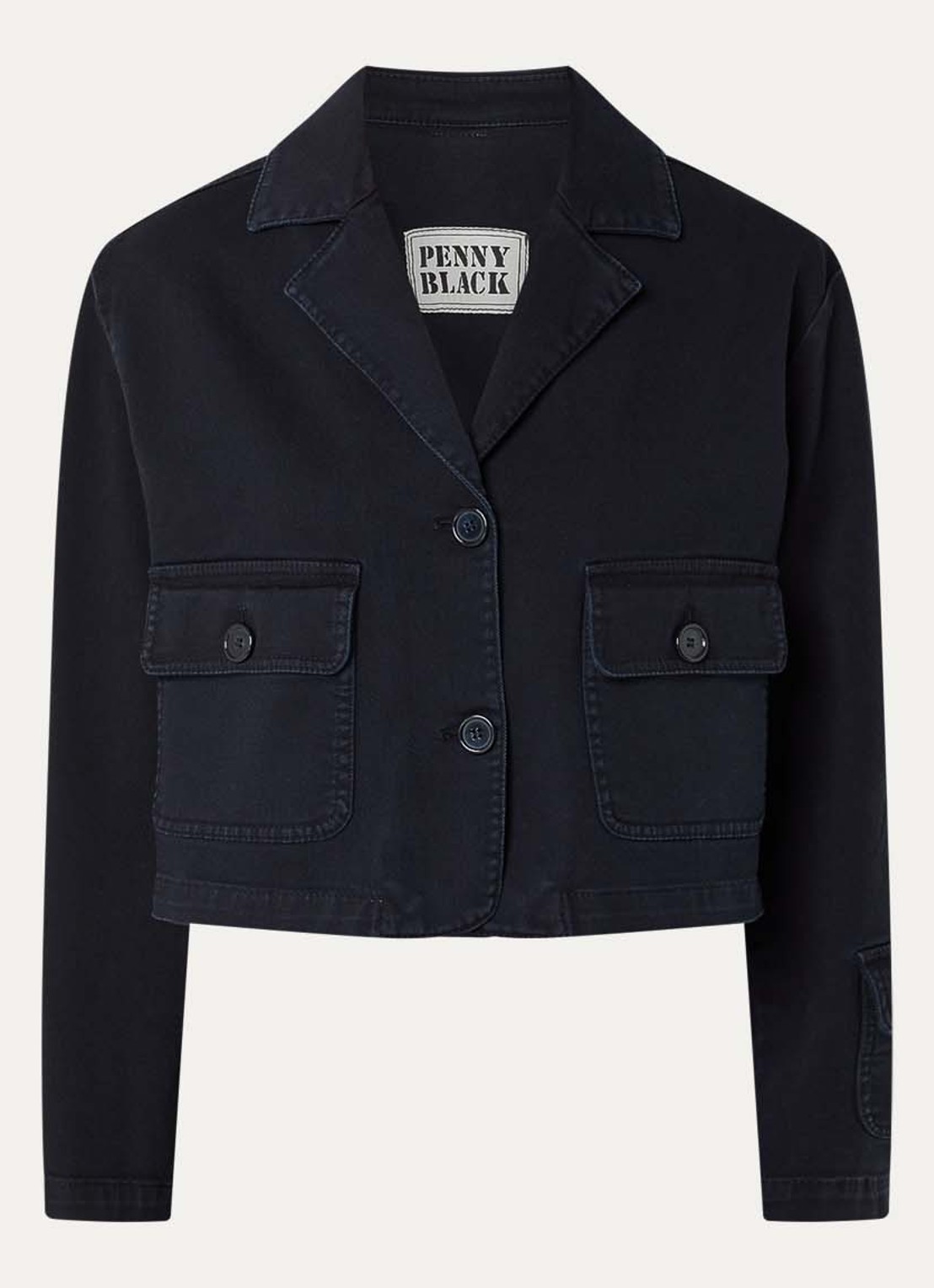 Pennyblack Cropped spijkerjas met klepzakken - voorkant donkerblauw