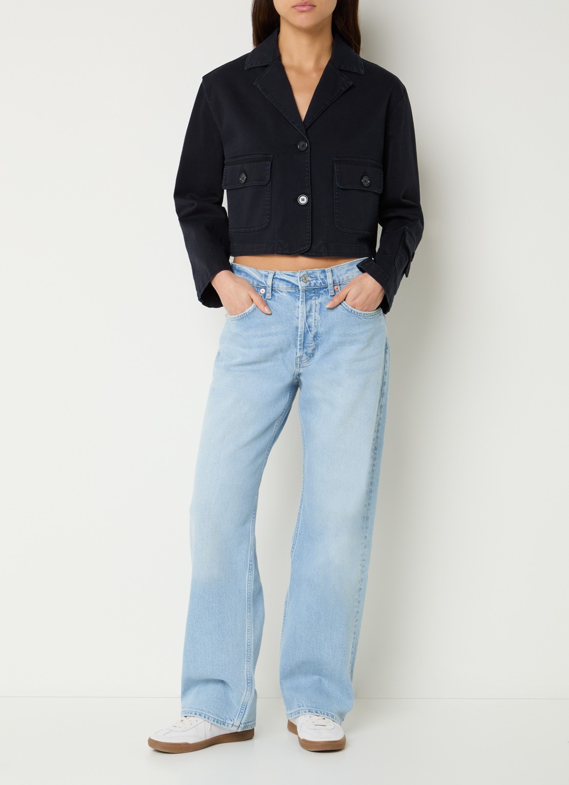 Pennyblack Cropped spijkerjas met klepzakken - voorkant 2 donkerblauw