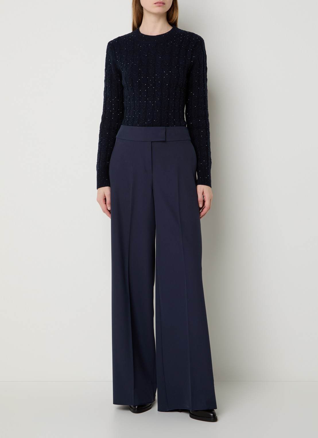 Pennyblack Festoso kabelgebreide trui met pailletten - voorkant 3 donkerblauw