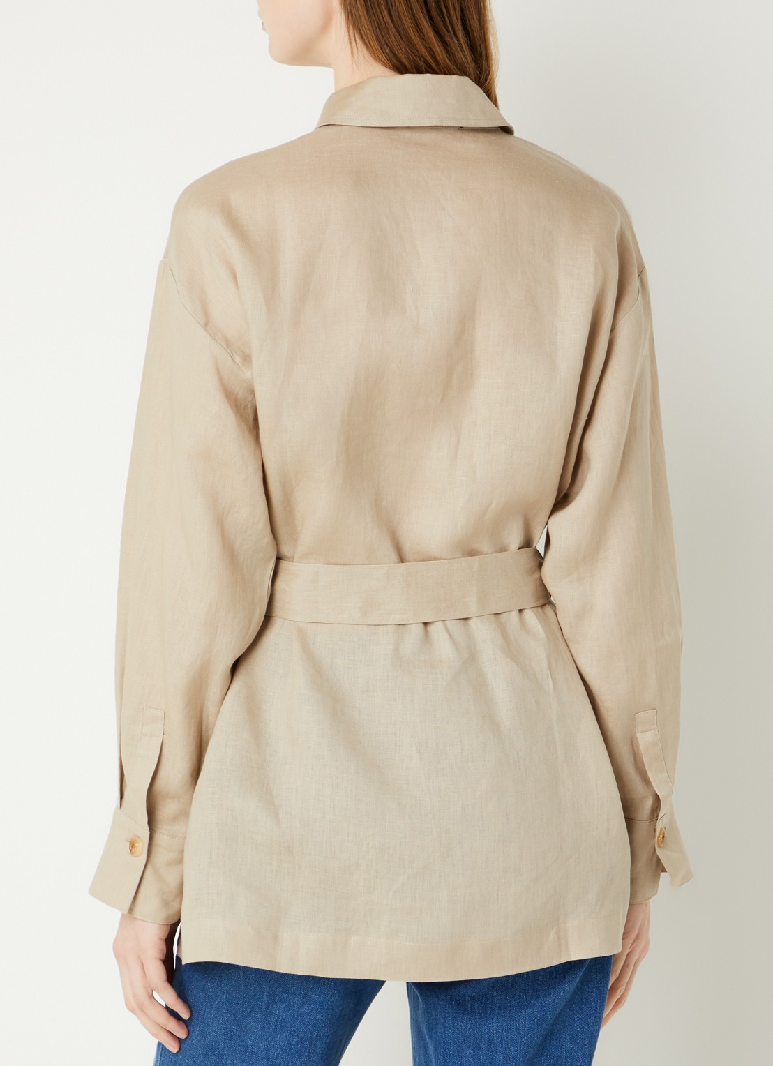 Pennyblack Fico blouse van linnen met borstzakken en strikceintuur - achterkant 4 beige