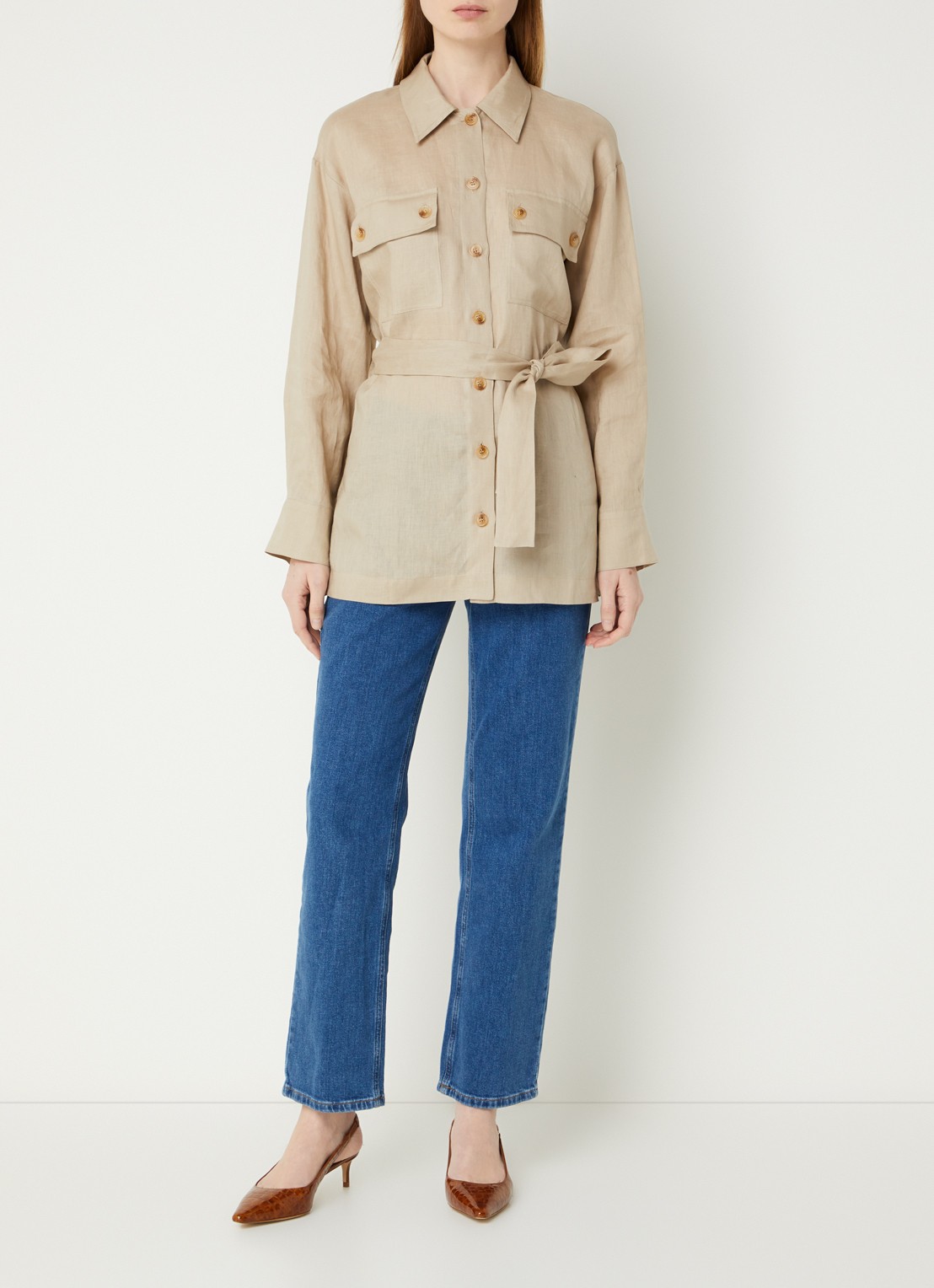 Pennyblack Fico blouse van linnen met borstzakken en strikceintuur - voorkant 2 beige
