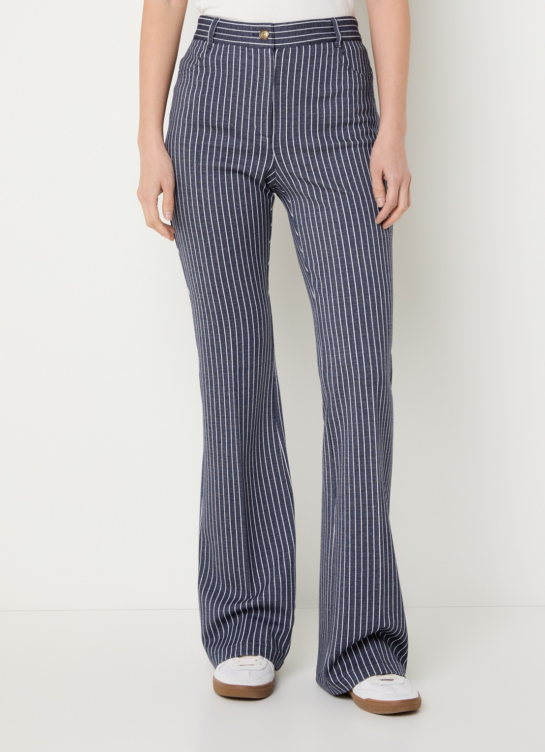 Pennyblack Godezia high waist flared fit broek van jersey met streepprint - detail 4 donkerblauw