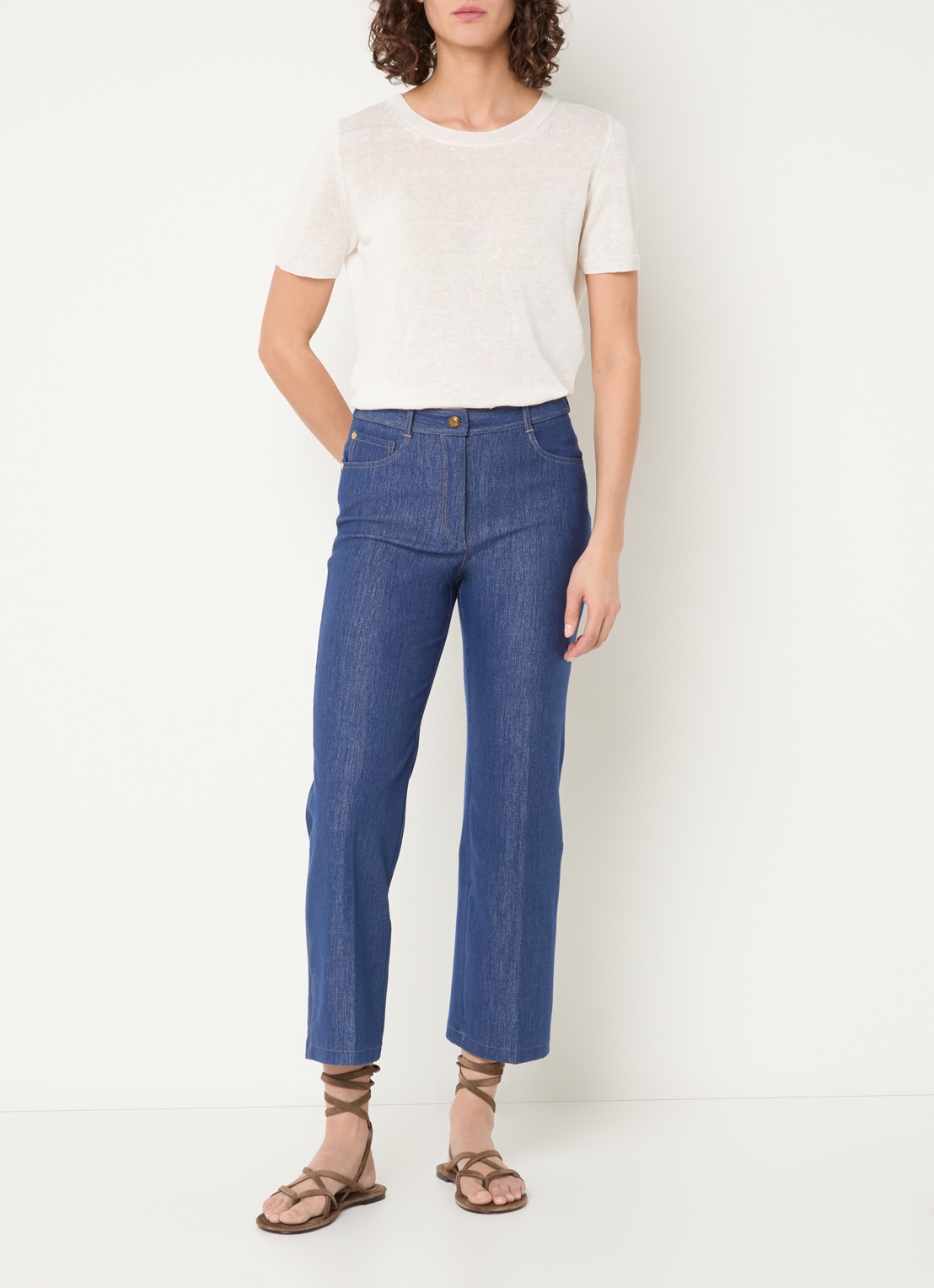 Pennyblack High waist straight fit cropped broek van chambray - voorkant 3 indigo