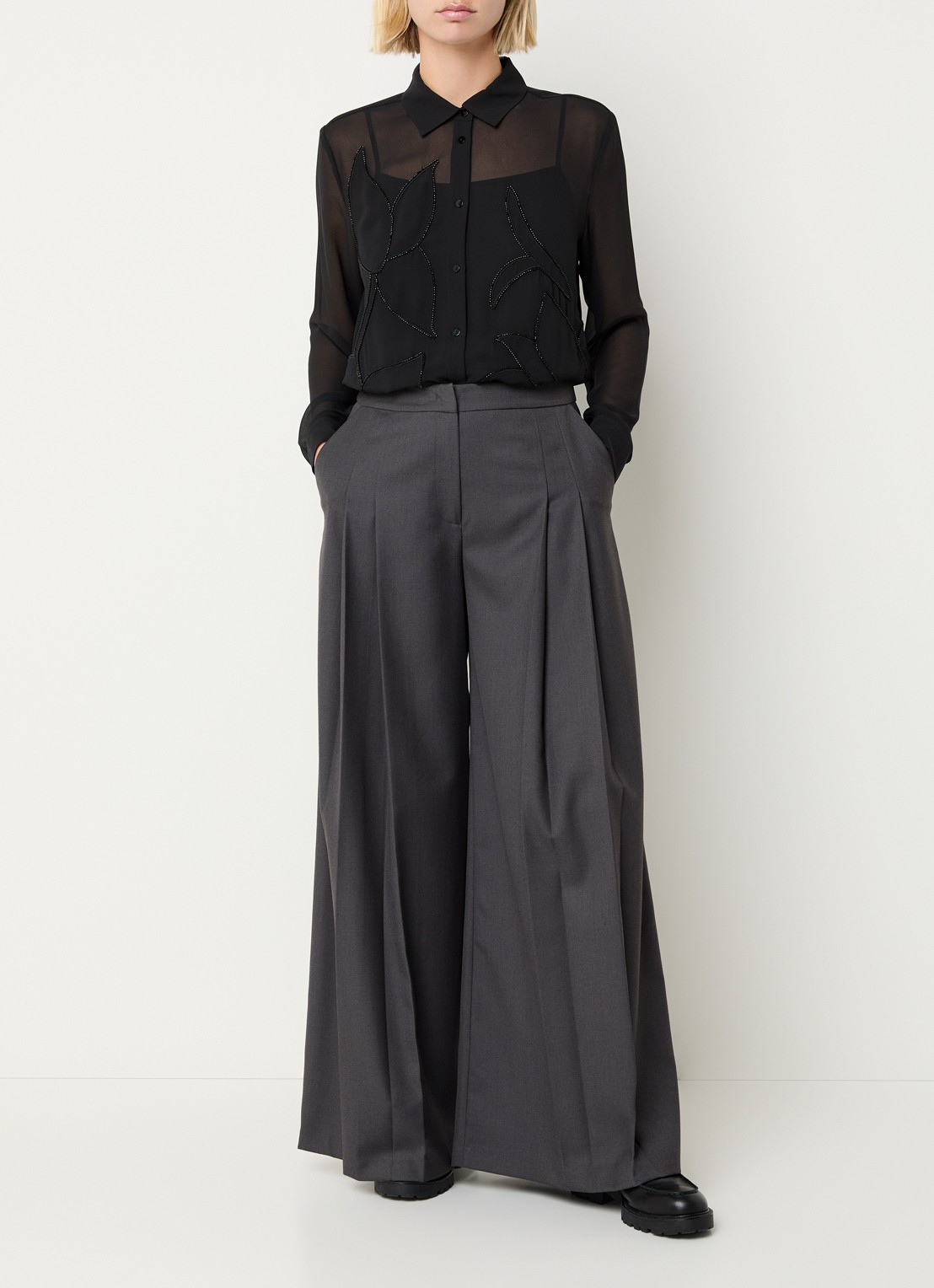 Pennyblack Ittita high waist wide fit pantalon met plooidetail - voorkant 2 donkergrijs