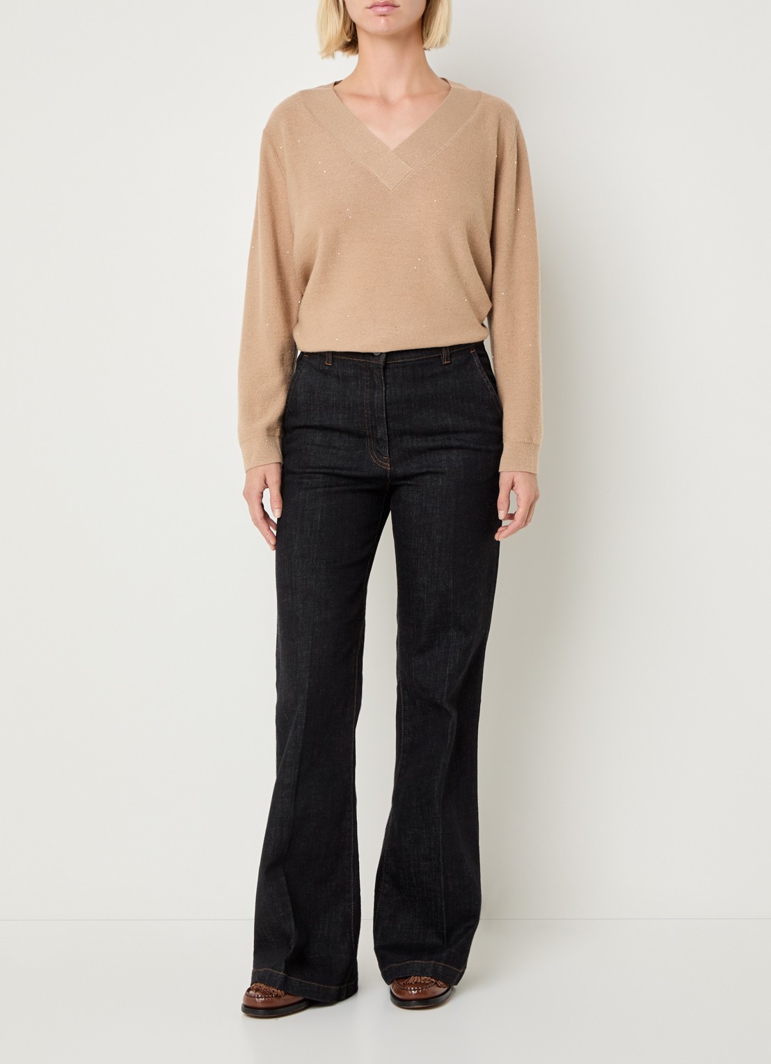 Pennyblack Macchia fijngebreide pullover in wolblend met pailletten  - voorkant 4 camel