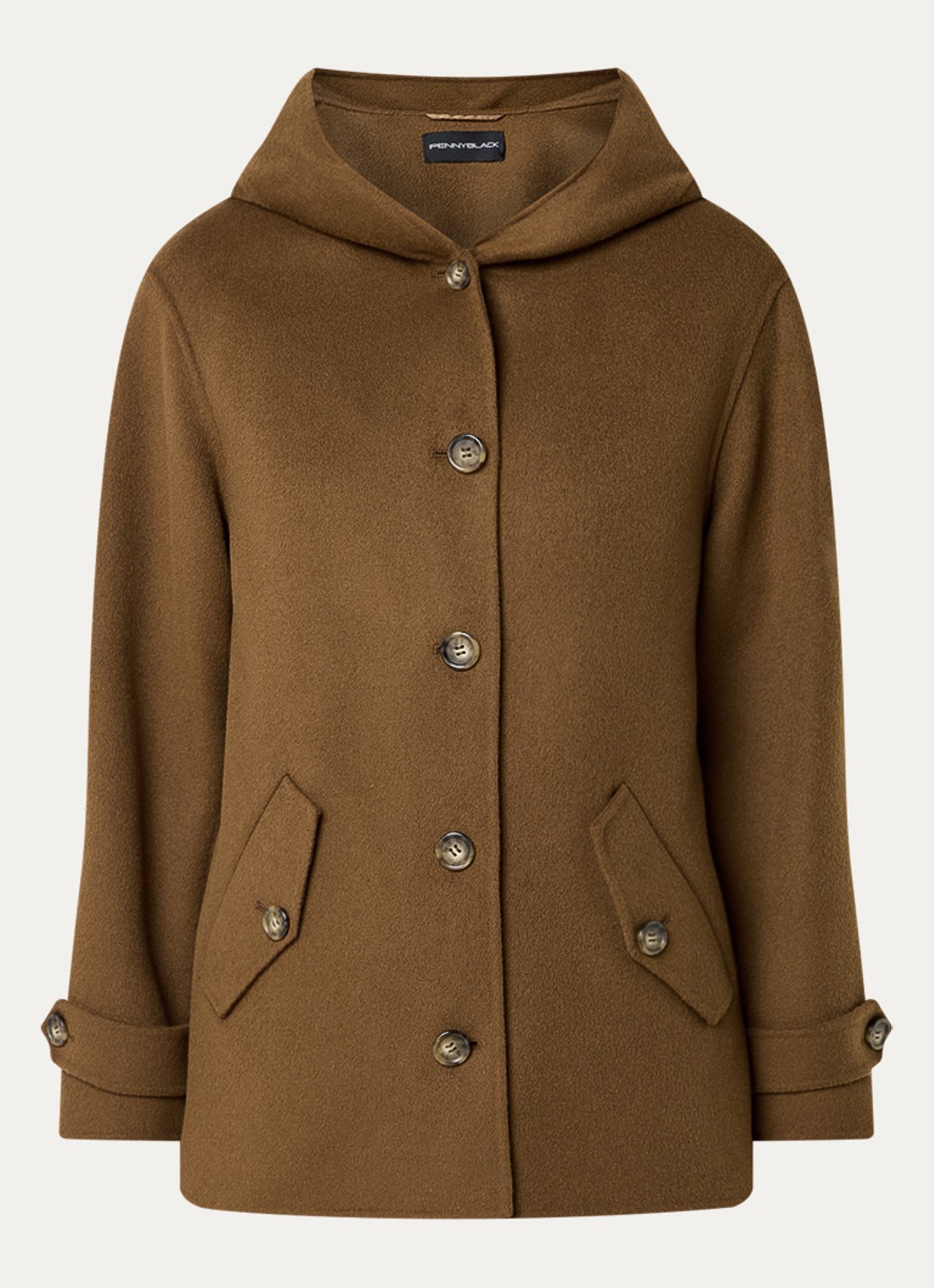Pennyblack Newport mantel in scheerwolblend met capuchon - voorkant bruin
