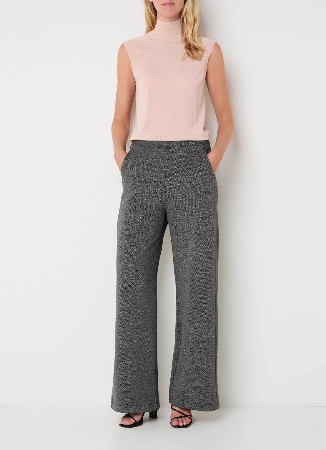 Pennyblack Ristoro high waist wide fit pantalon met visgraatdessin - voorkant 3 zwart