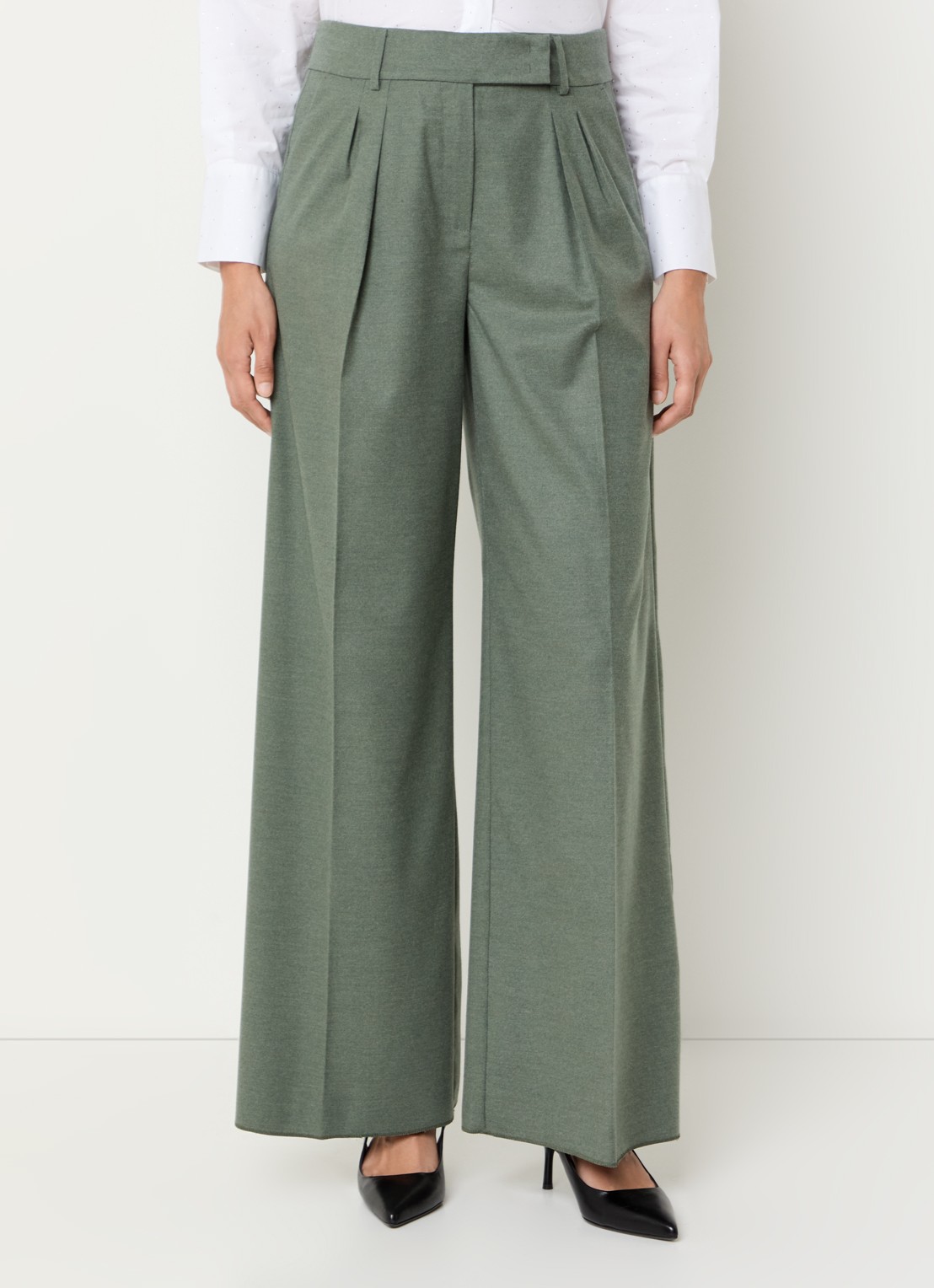 Pennyblack Scala high waist wide fit pantalon in wolblend - detail 2 olijfgroen