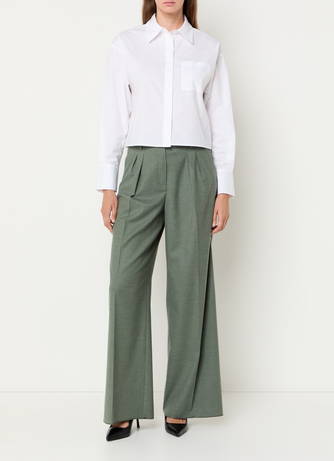 Pennyblack Scala high waist wide fit pantalon in wolblend - voorkant 4 olijfgroen