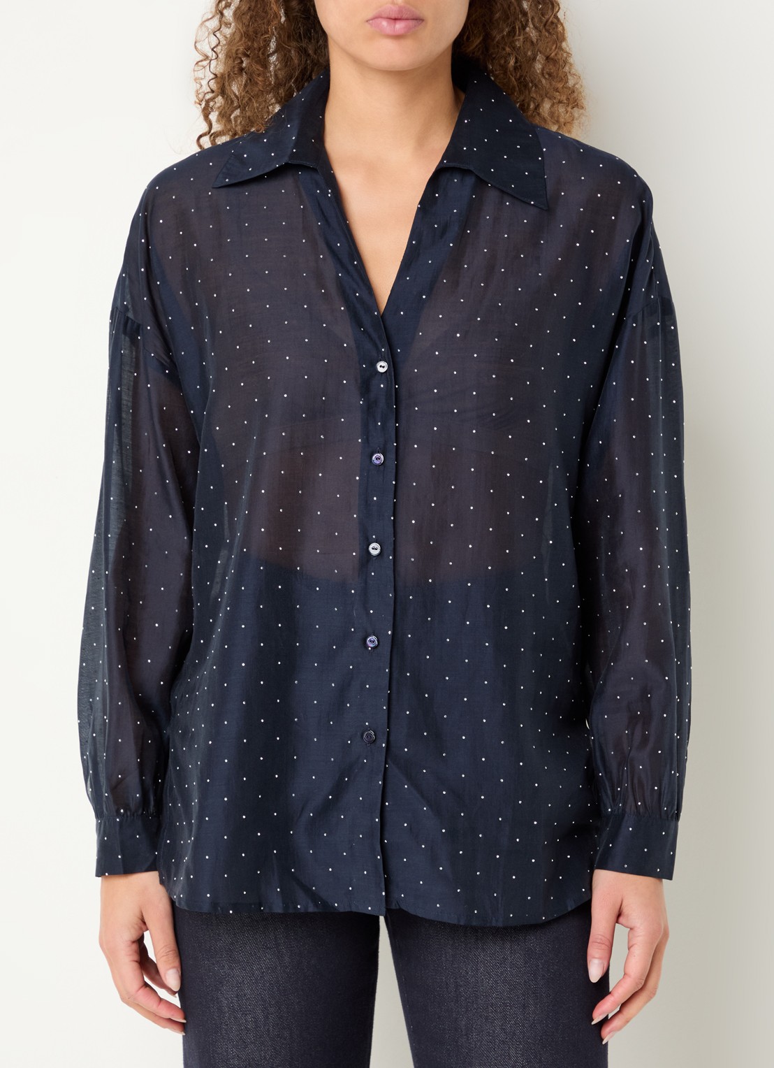 Pennyblack Semi-transparante blouse met strass - detail 4 donkerblauw