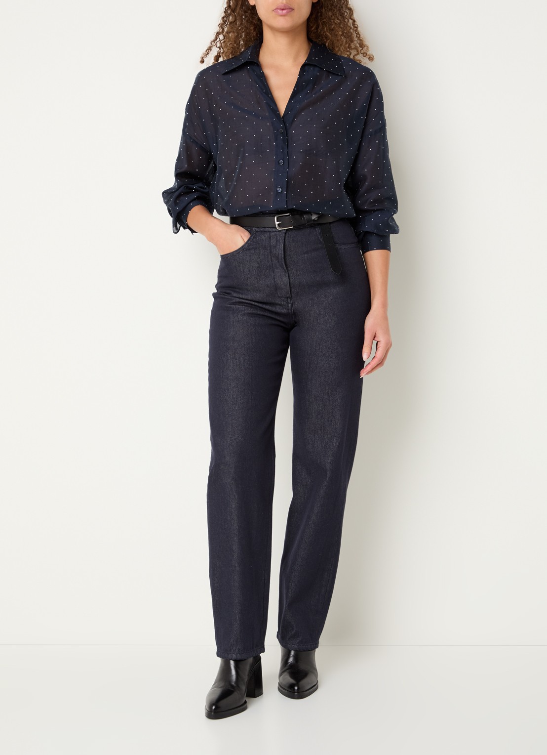 Pennyblack Semi-transparante blouse met strass - voorkant 3 donkerblauw
