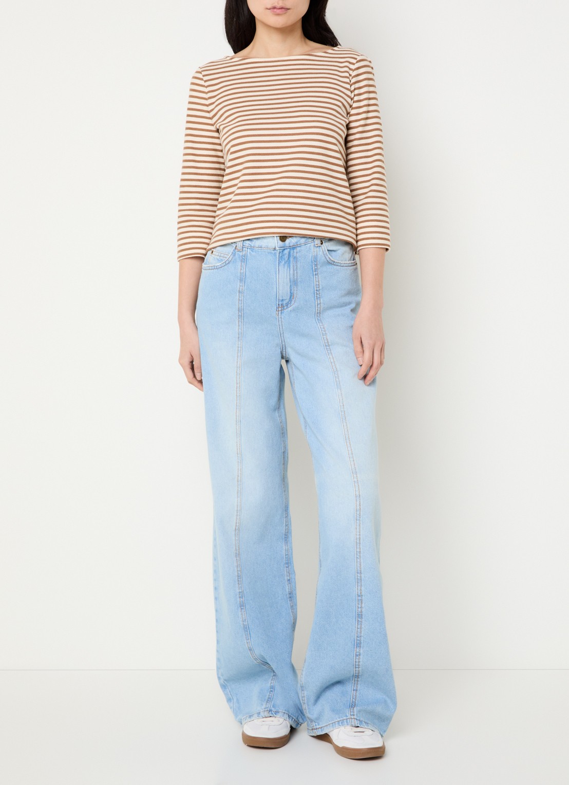 Pennyblack Top met boothals en streepprint - voorkant 3 camel