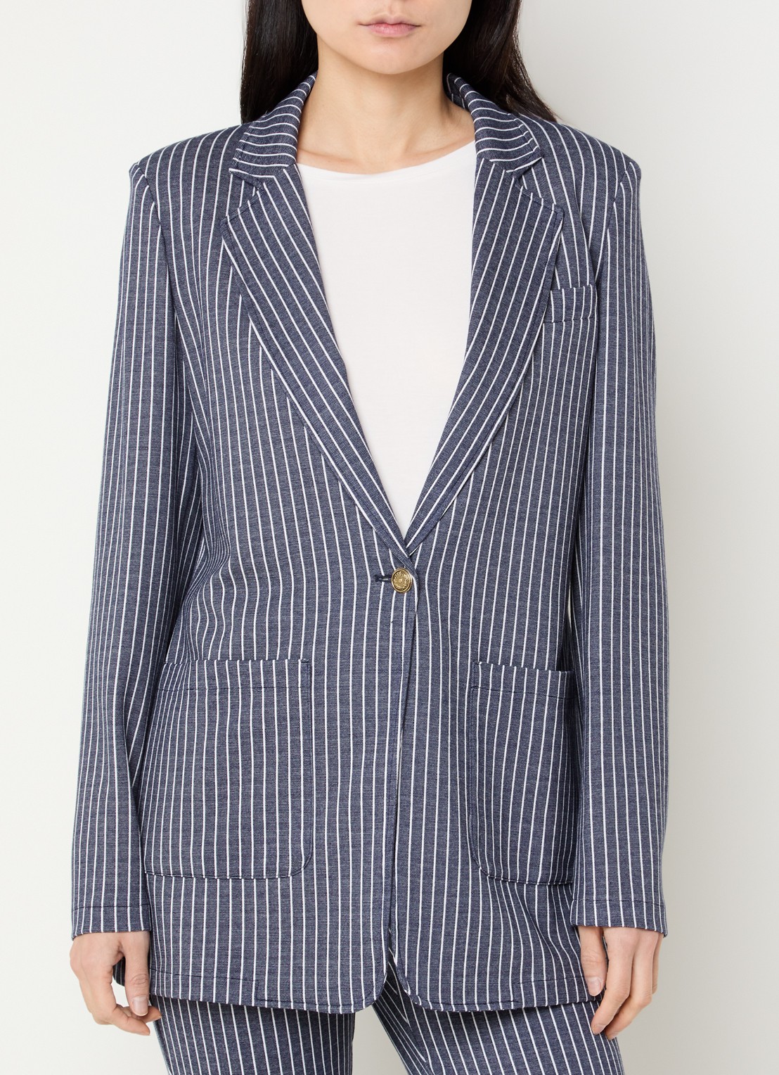 Pennyblack West blazer met opgestikte zakken en schoudervulling met streepprint - detail 4 donkerblauw