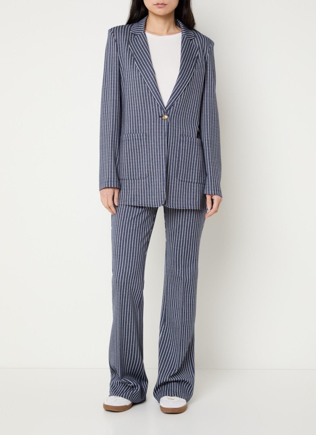 Pennyblack West blazer met opgestikte zakken en schoudervulling met streepprint - voorkant 2 donkerblauw