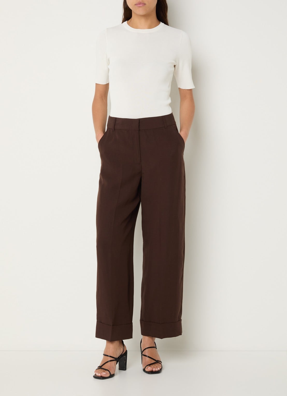 Pennyblack Zimino high waist wide fit pantalon in linnenblend - voorkant 2 donkerbruin