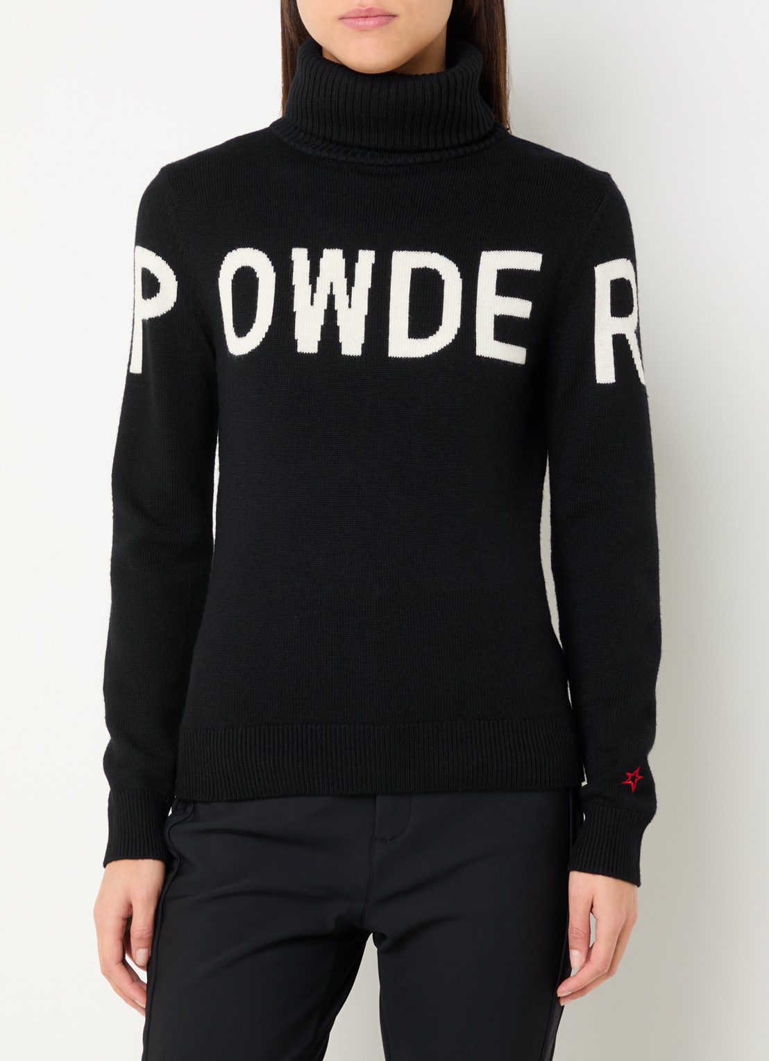Perfect Moment Powder grofgebreide trui van merino wol met ingebreid logo en col  - detail 4 zwart